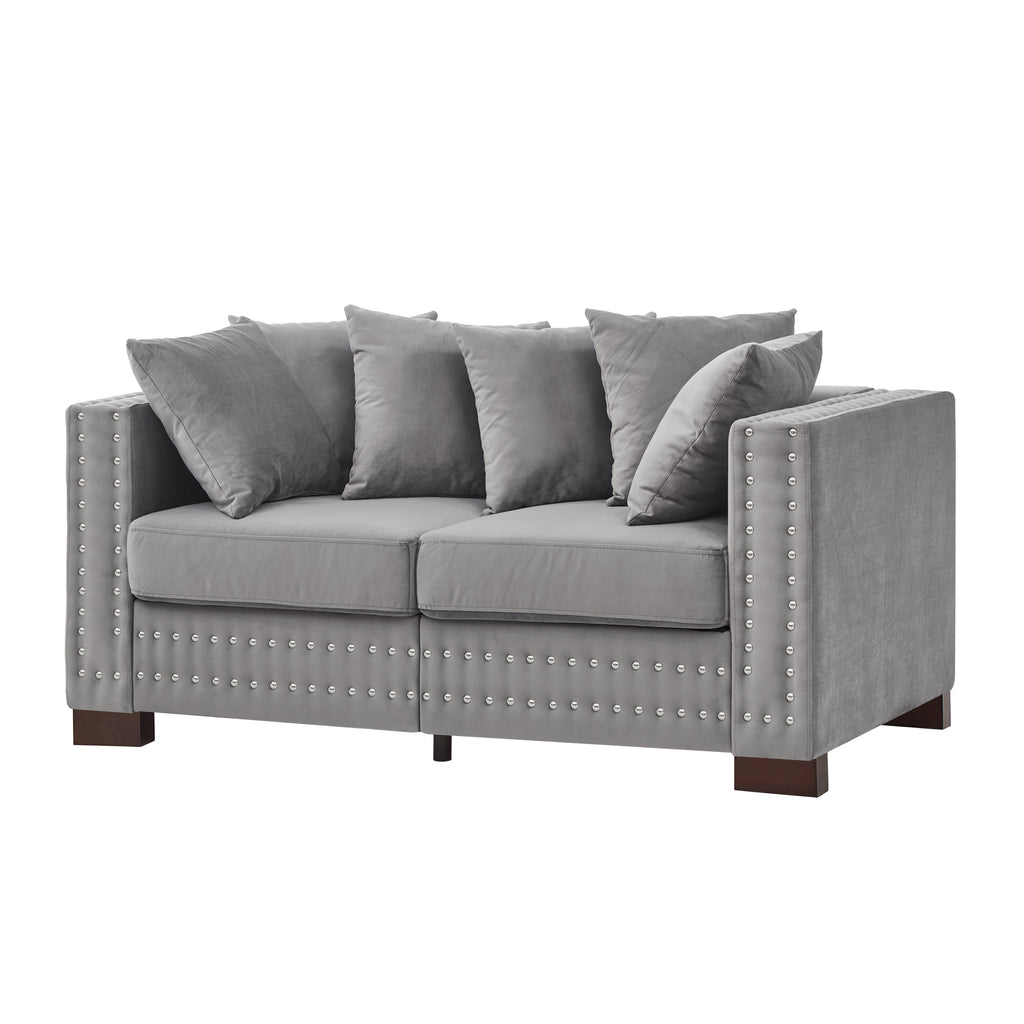 Modern Design Living Room Sofa 2+3 Seater Square armrest with Silver Nails Decoration Upholstered Velvet Couch Grey