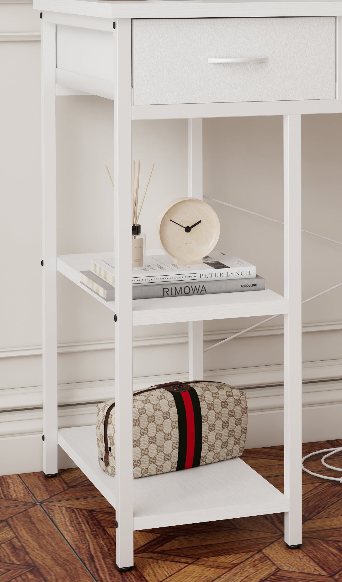 47' Computer Desk With Power Outlet,Writing Desk,Home Office desk,Vanity table with 7 Fabric Drawers, Large Side Pocket,White