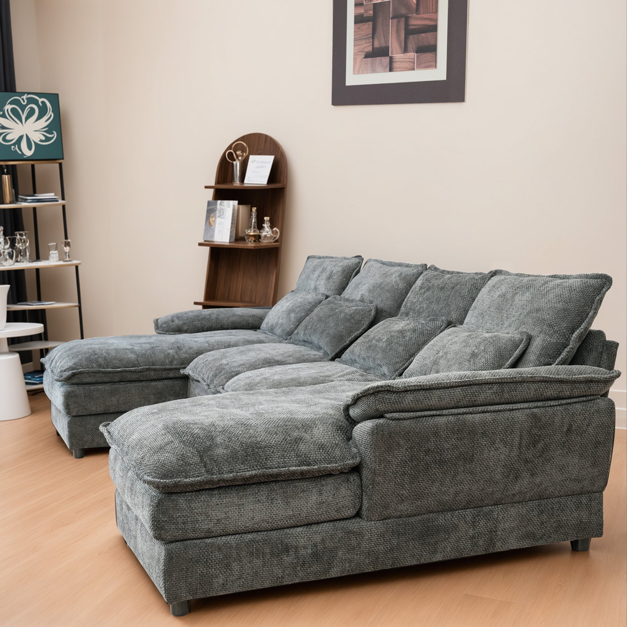 110' Modular Sectional Sofa Cloud Couch with Double Chaise Lounge , U Shaped Chenille Upholstered Leisure Sofa&Couches with Memory Foam and Waist Pillows for Living Room Office,Grey.