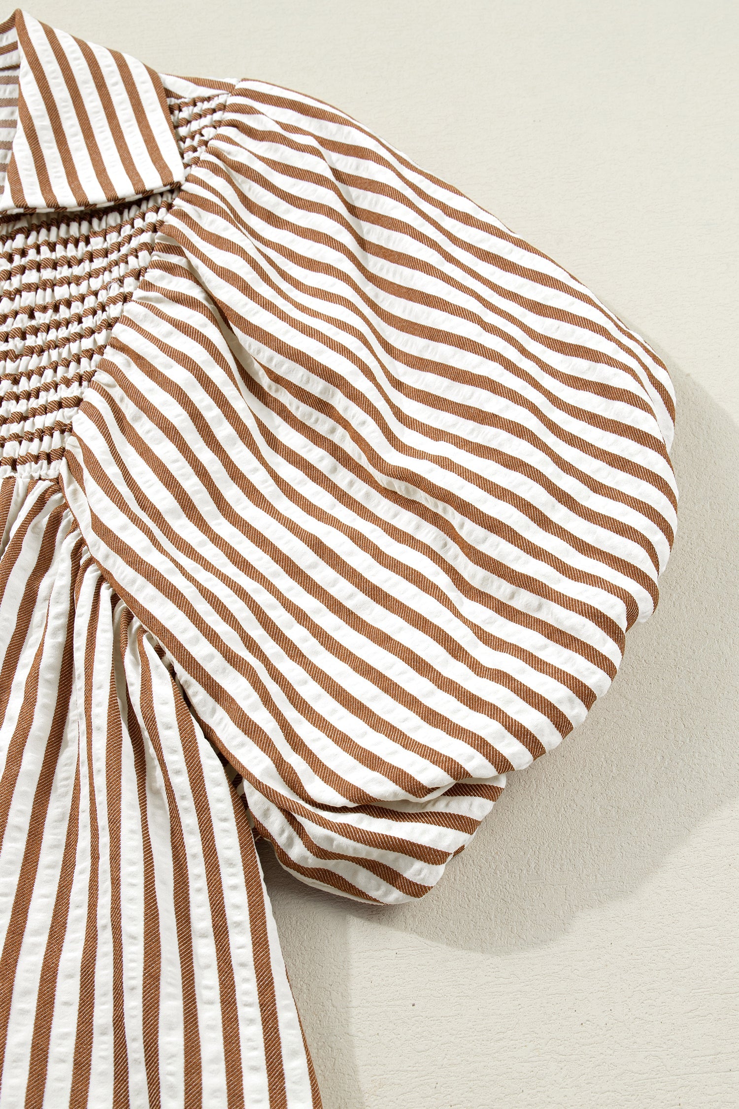 Stripe Shirred V-Neck Short Puff Sleeve Blouse