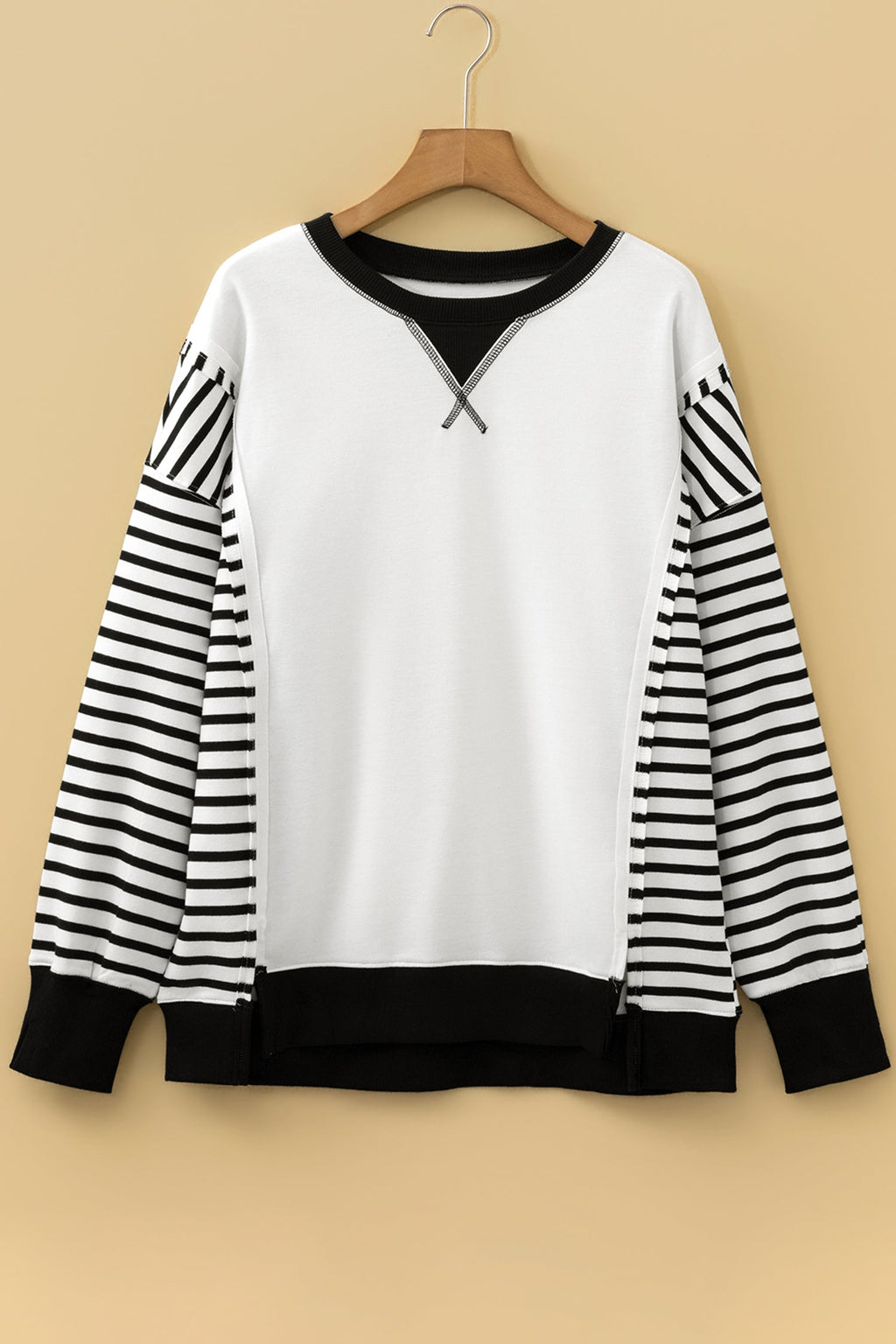 Stripe Sleeve Patchwork Casual Knit Top