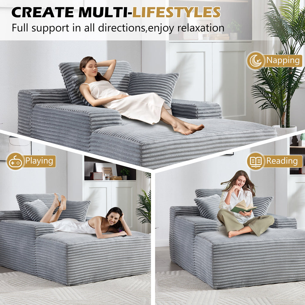 67' Chaise Lounge Chair 9.9'' Wide Armrest Indoor Corduroy Oversized Sleeper Sofa for Living Room Deep Seat Lounge and Three Soft Pillows Convertible Boneless Sofa Bed, Grey, No Assembly Required