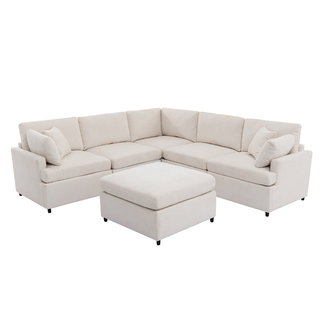 [ Video Provided]U_STYLE Upholstered Sectional Sofa with Removable Ottoman,U-Shape 6 Seat Sectional Couch,  for Living Room,,Apartment, Spacious Space