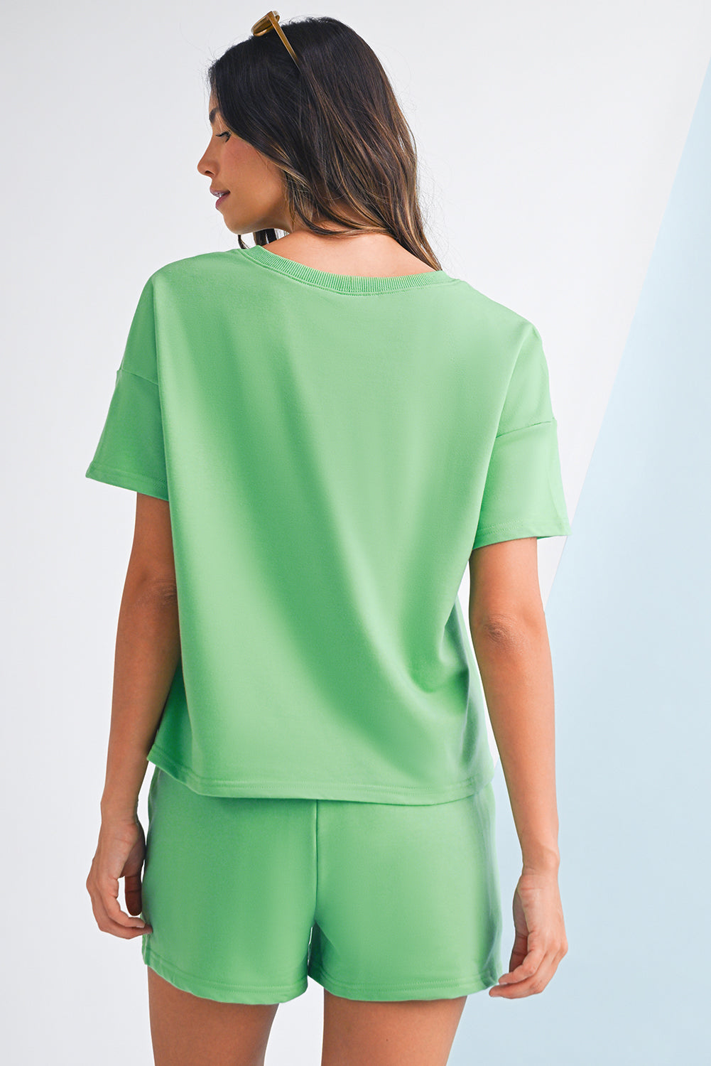 Women's V-neck Drop Shoulder Tee and Drawstring Shorts Set