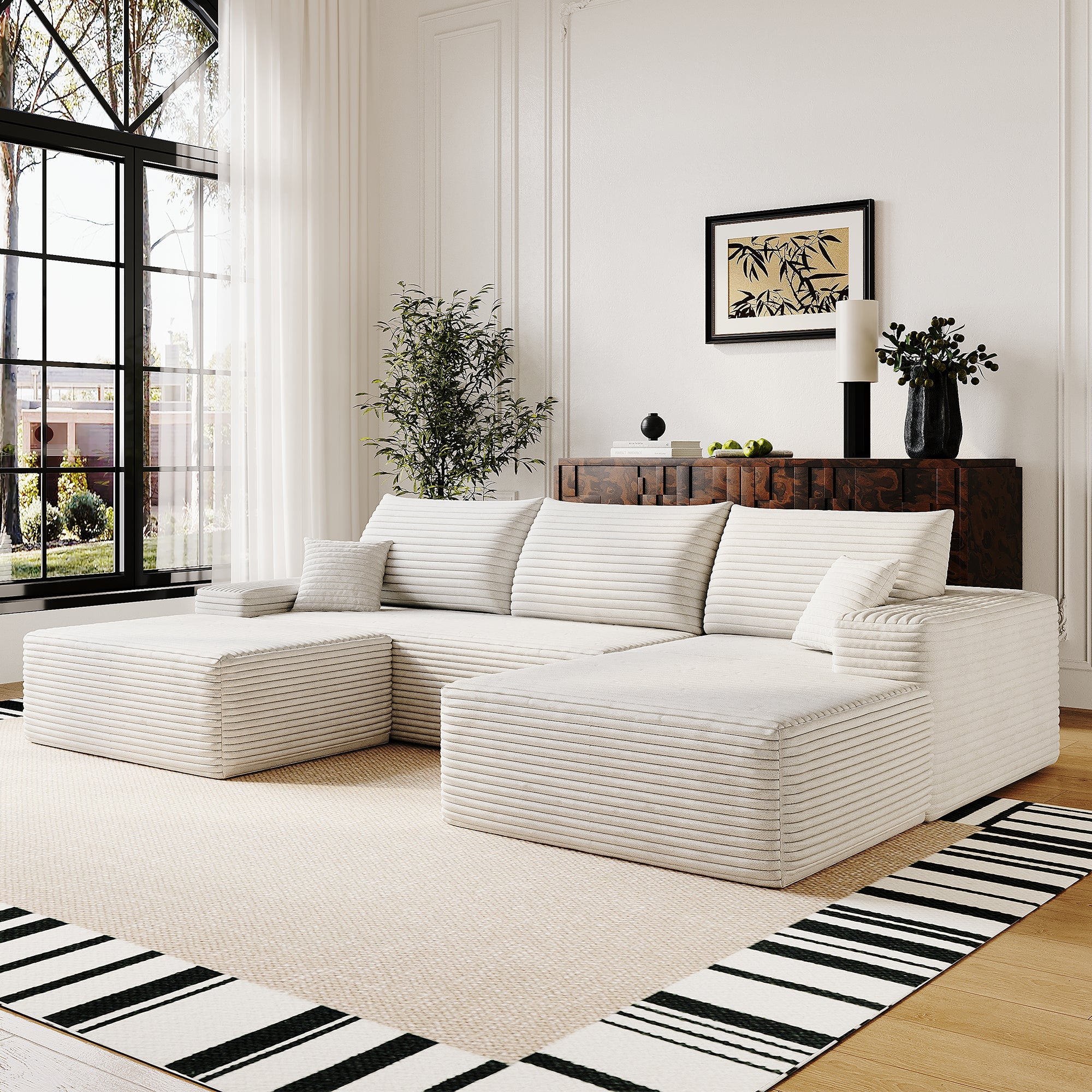 107' Cloud Sectional Sofa with 1 Ottoman,Modern Minimalist Upholstered Couches, Comfort U Shaped Sofa for Living Room,Deep Seat Corner Couch,No Assembly Required (Plush Corduroy Fabric),White