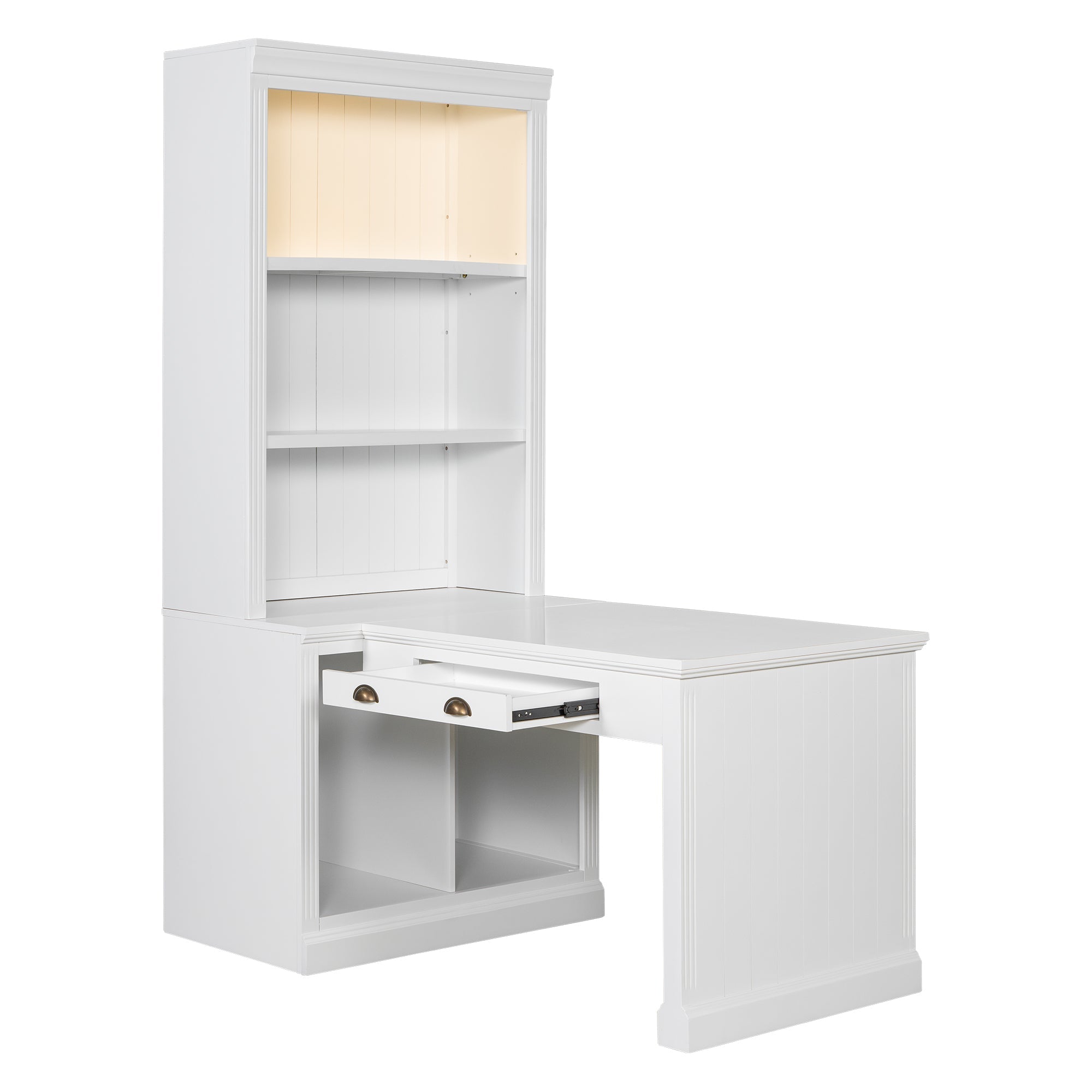 83.4'Tall Bookshelf with Writing Desk, Modern Bookcase with Study Desk, Workstation with Storage Shelf,Storage Bookcase with Open Shelves and LED Lighting for Living Room,Home Office,White