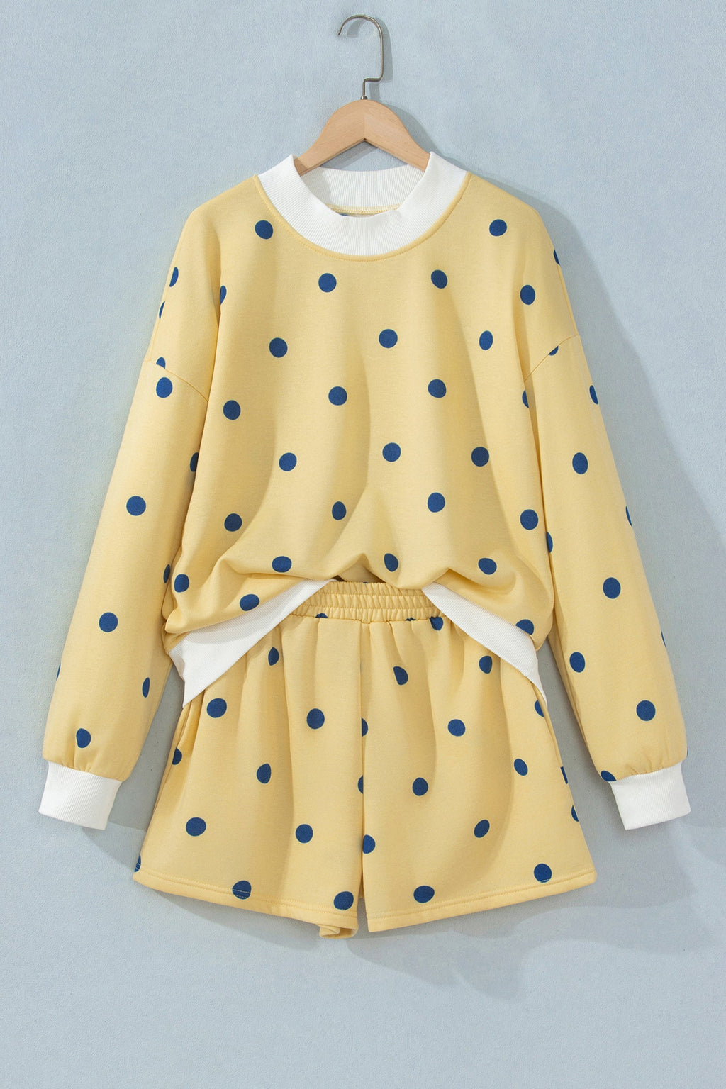Polka Dot Ribbed Trim Long Sleeve Top & Shorts Set
