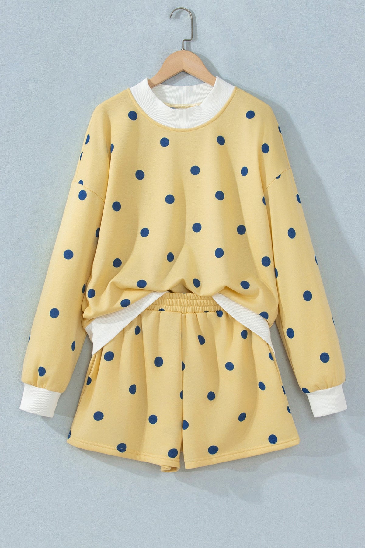 Polka Dot Ribbed Trim Long Sleeve Top & Shorts Set