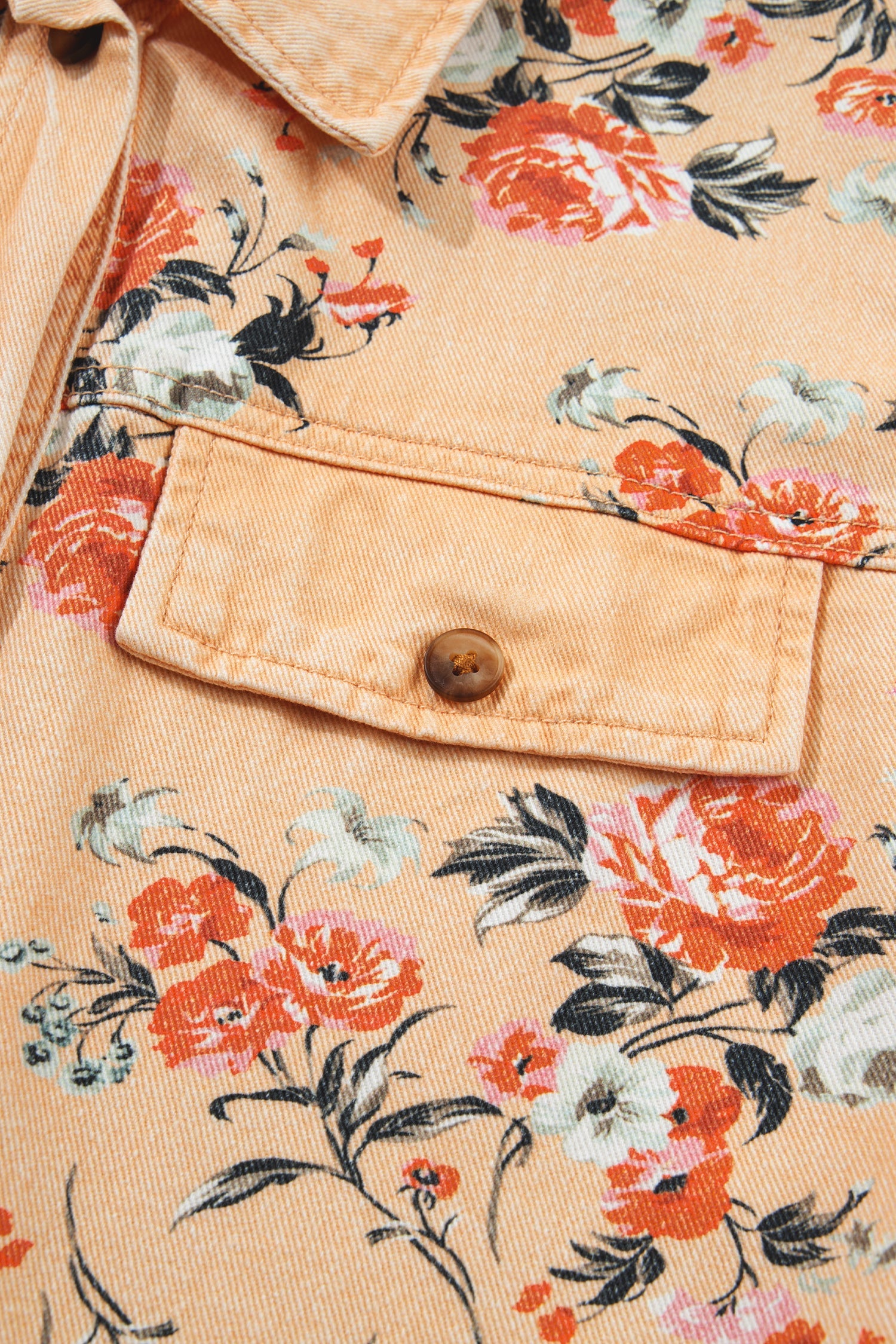 Floral Denim Buttoned Long Sleeve Tunic Jacket