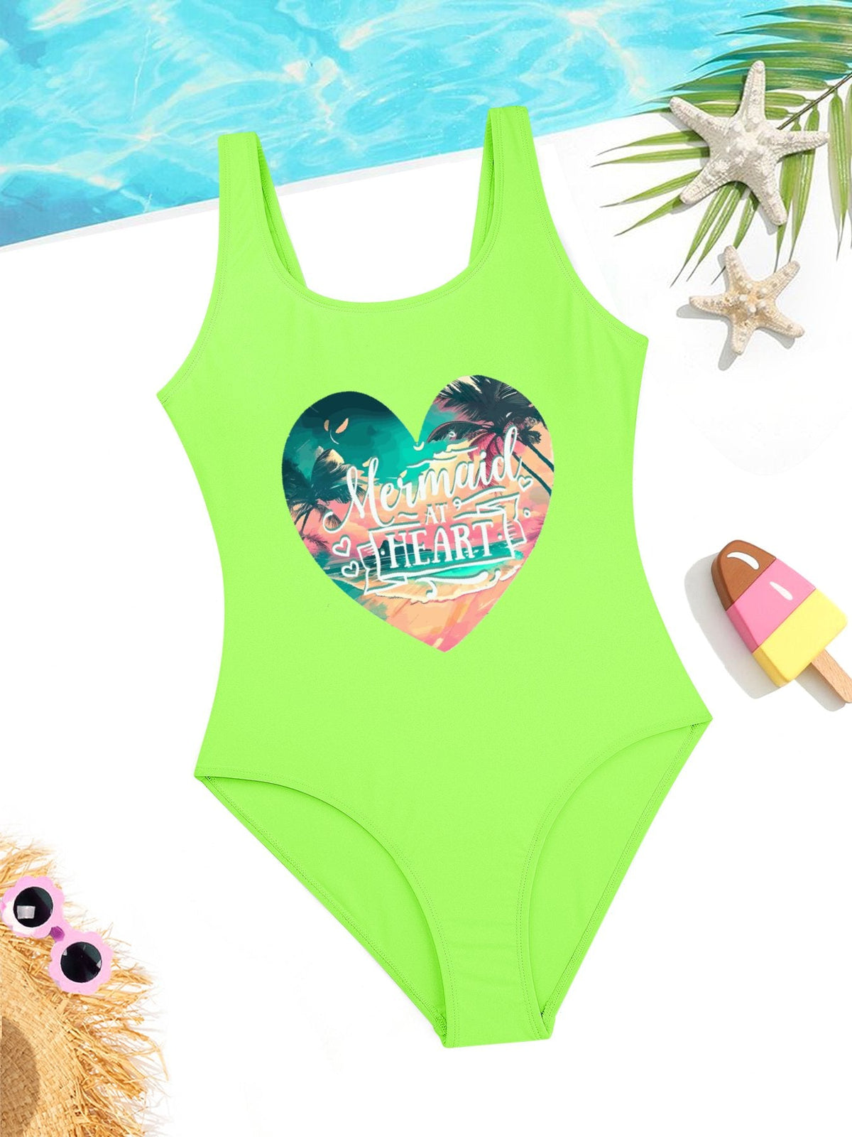 Mermaid at Heart Girls' Summer One-Piece Swimsuit (Front Printing)