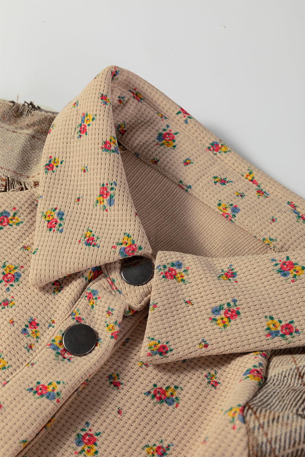 Floral Waffle Knit Plaid Patchwork Ruffle Shacket