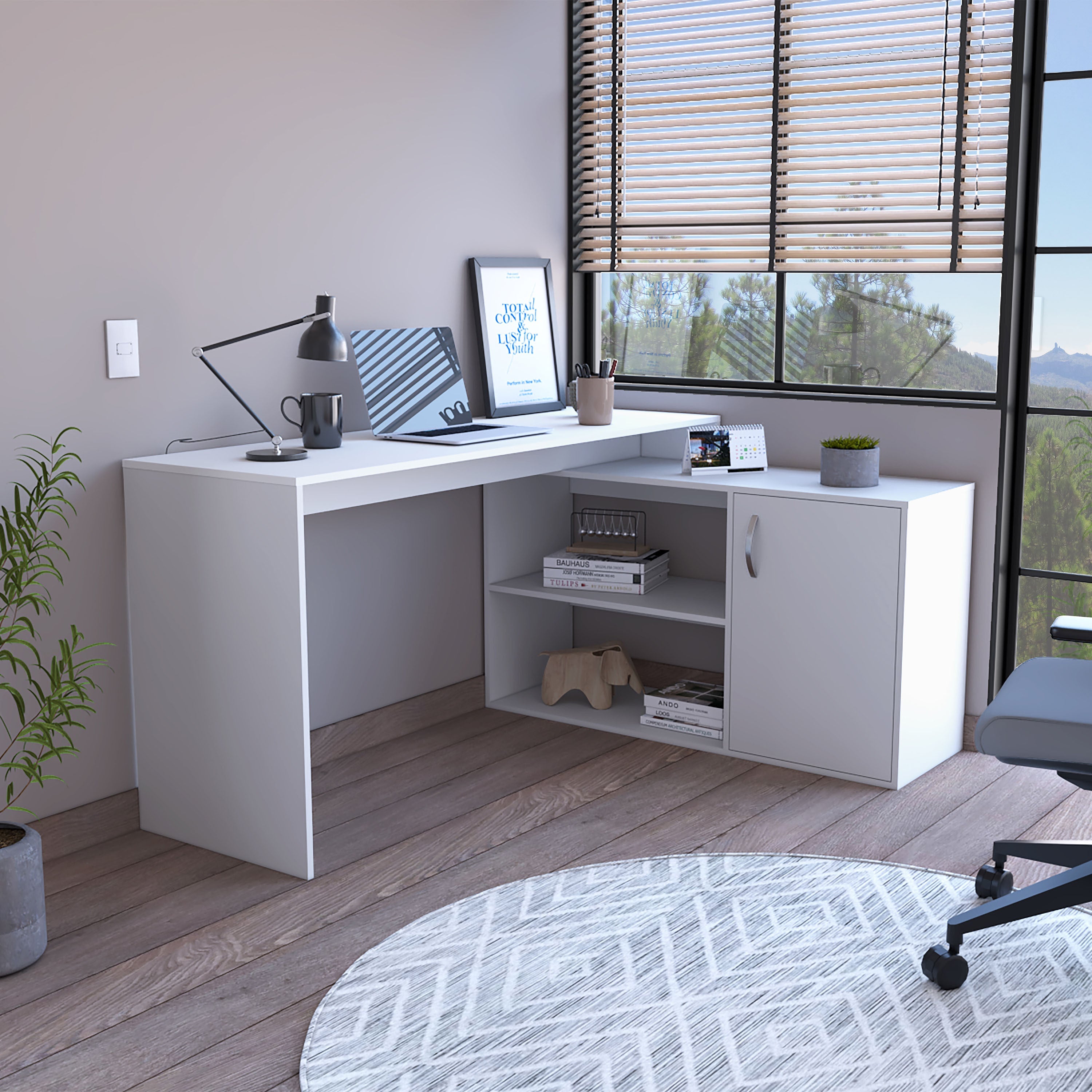 L-Shaped Desk, Single Door Cabinet, Two Open Shelves, Two Interior Shelves, White