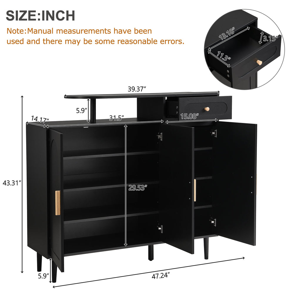 ON-TREND Elegant Shoe Cabinet with Arched Doors and Drawer, Cream Style Storage Sideboard with Adjustable Shelves and Solid Wood Legs for Entryway, Living Room, Black