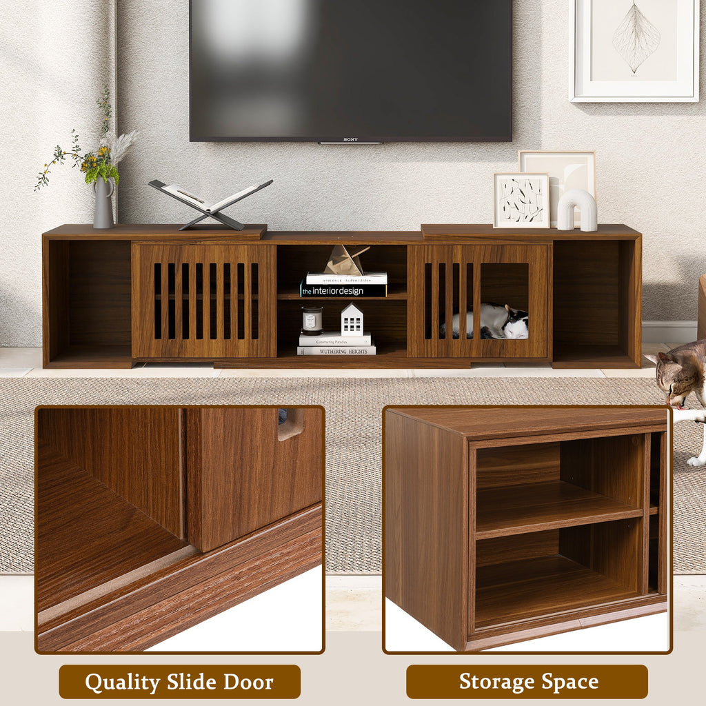 Mid-Century Modern 2 in 1 Cat Furniture, Cat House Litter Box Enclosure Walnut TV Stand With Extendable table, Sliding door. Wood TV Cabinet with Storage