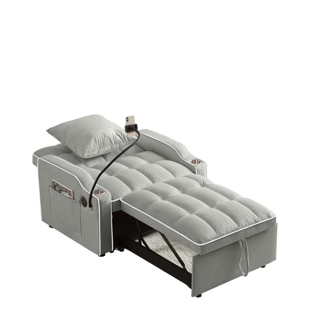 3-in-1 Convertible Sleeper Chair Sofa Bed, Adjustable Pull Out with Multi-Pockets in Gray Velvet