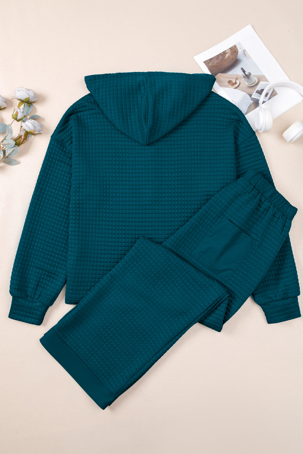 Waffle Textured Patchwork Hooded Top and Pants Set