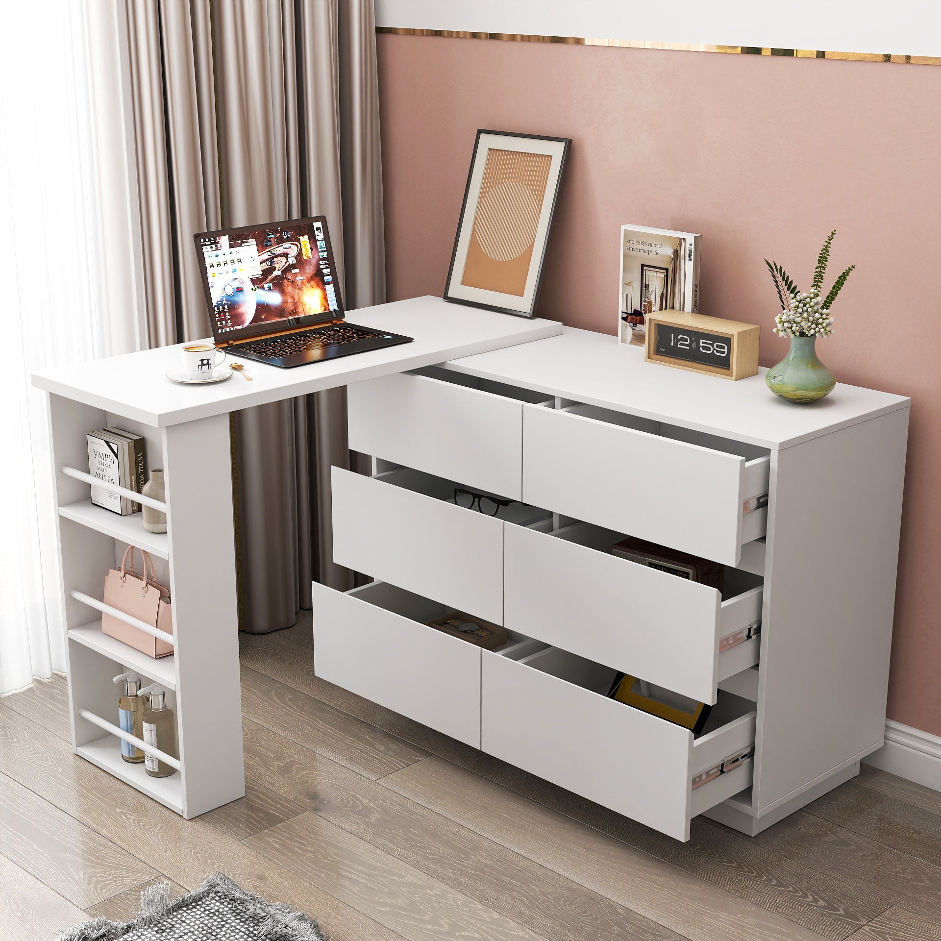 L Shaped Computer Desk with Drawers, Modern Corner Home Office Desk with Reversible Storage Cabinet, Long Study Writing Desk Workstation for Home Office