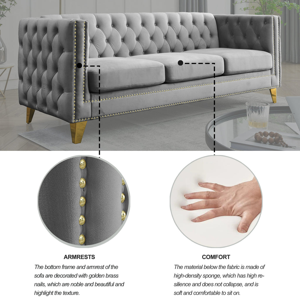 {Contact us for 3D modeling}  Velvet Sofa for Living Room,Buttons Tufted Square Arm Couch, Modern Couch Upholstered Button and Metal Legs, Sofa Couch for Bedroom, Grey Velvet(W834S00020)