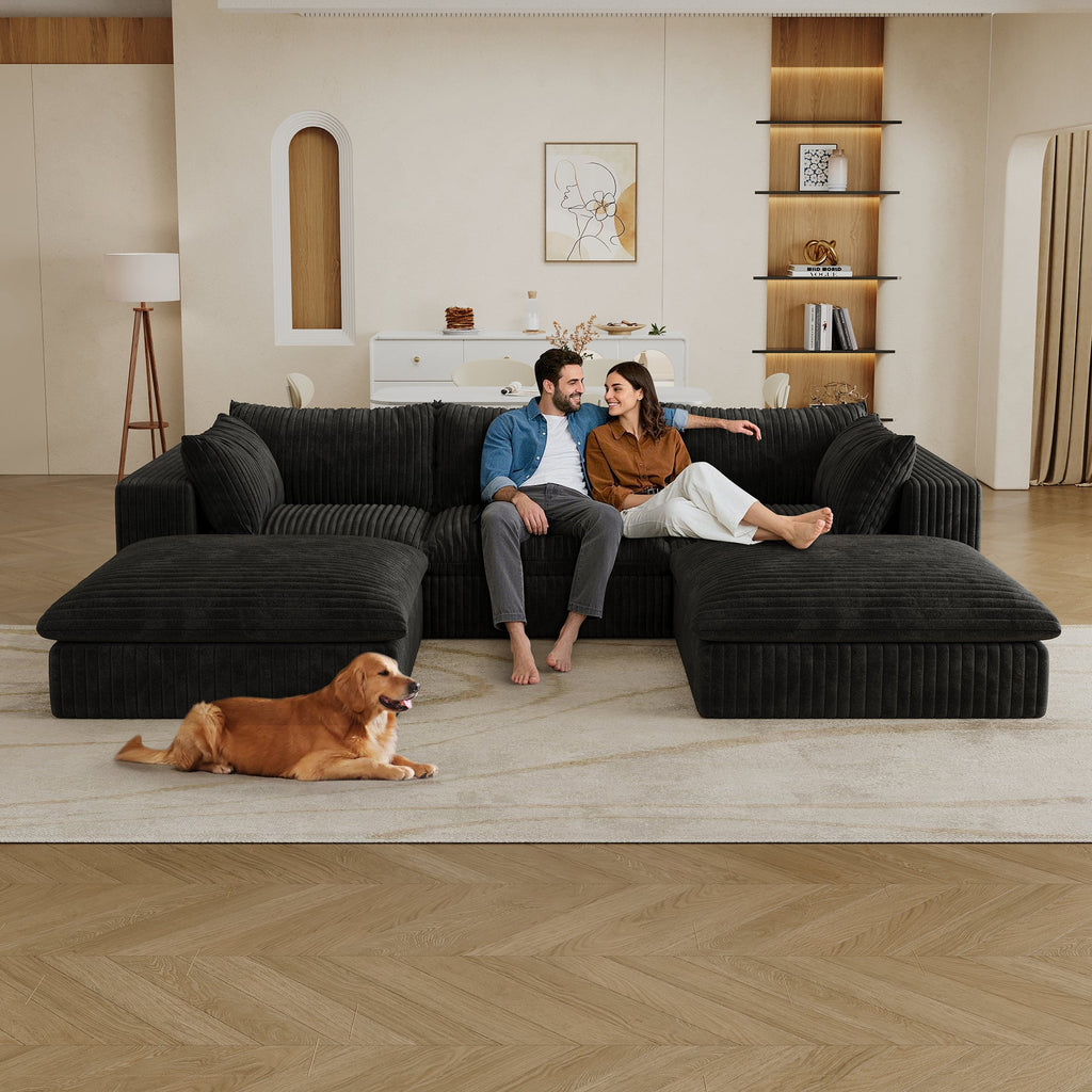 118.2' Cloud Sofa,Corduroy Fabric,Deep Seat Couches,Double-layer design,Removable Cushion,No Assembly, DIY Combination for Living room, Bedroom,Conference room ,Apartment,Black