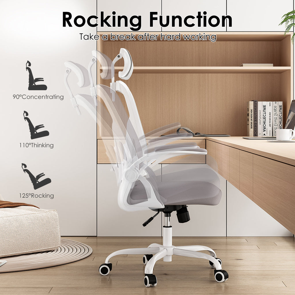 Ergonomic Office Chair, Home Office Desk Chair with Headrest, High Back Computer Chair with Armrests and Adjustable Lumbar Support for Home Office Study Room,White & Gray
