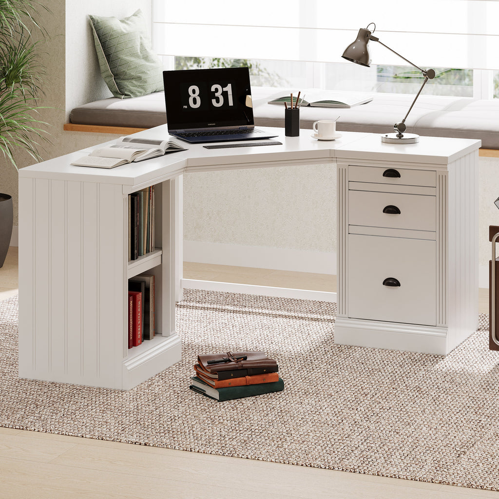 57.68' Modern L Shaped Executive Desk with 2 Storage Cabinets and 3 Drawers,Corner Writing Desk,Office Desk Furniture,Computer Desks with Depth Workstation for Home Office,Living room,White