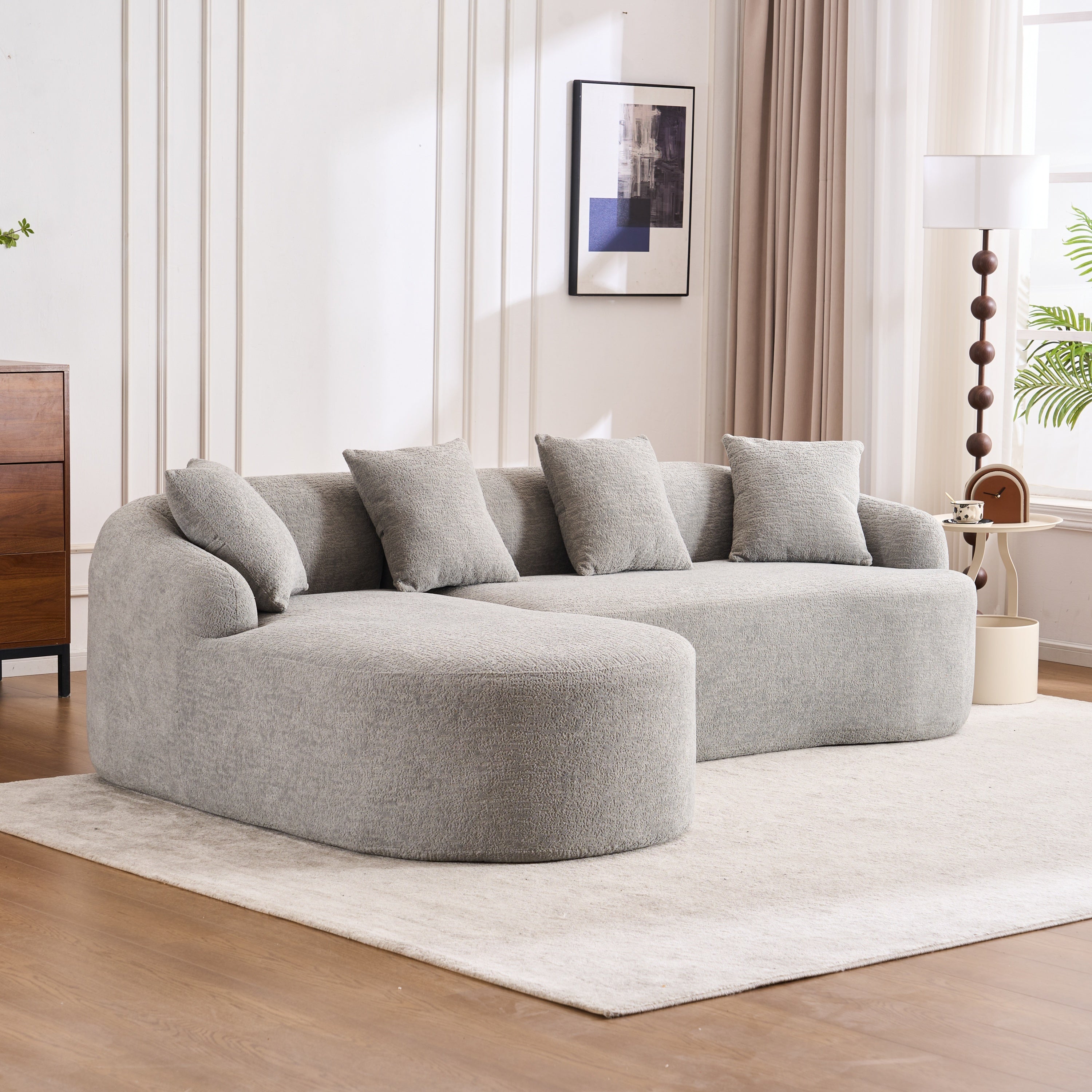 Boneless L-Shape Sectional Sofa with Curved Chaise,Grey Modular Chenille Compression Couch,30D High-Density Foam,Minimalist Modular Couches Sleeper for Living Room Bedroom Apartment Lounge.