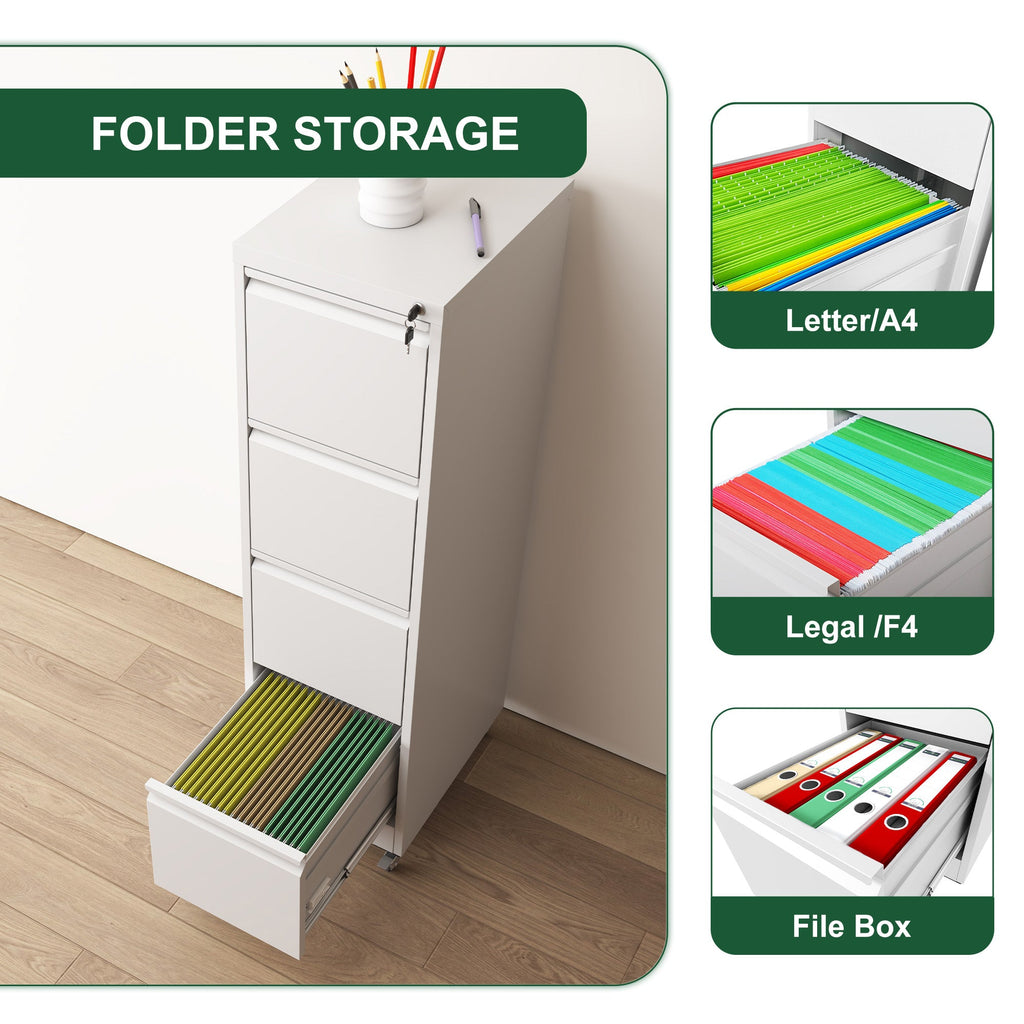 4 Drawer Metal Locking Vertical File Cabinet with Wheels - Heavy-Duty Lockable Storage for Home & Office, Black and White, 17.71'D x 15.16'W x 52.28'H