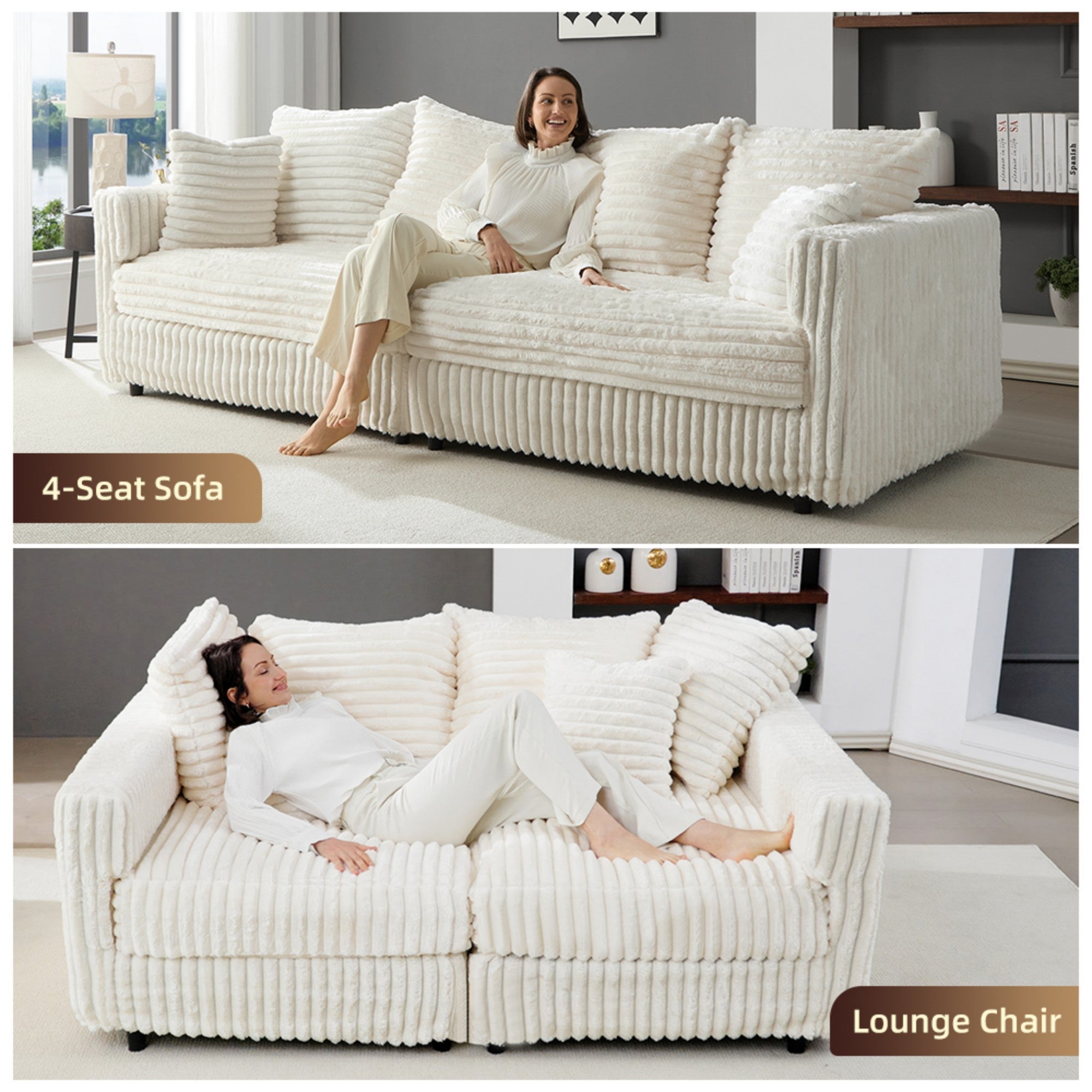 104.3' Plush Corduroy 4-Seat Sofa,Modern Comfy Upholstered Sofa Cloud Couch,Deep Seat Couches with Soft Pillows,Convertible Deep Seat Sofa Lounge Chair for Living Room Bedroom,Apartment,Office