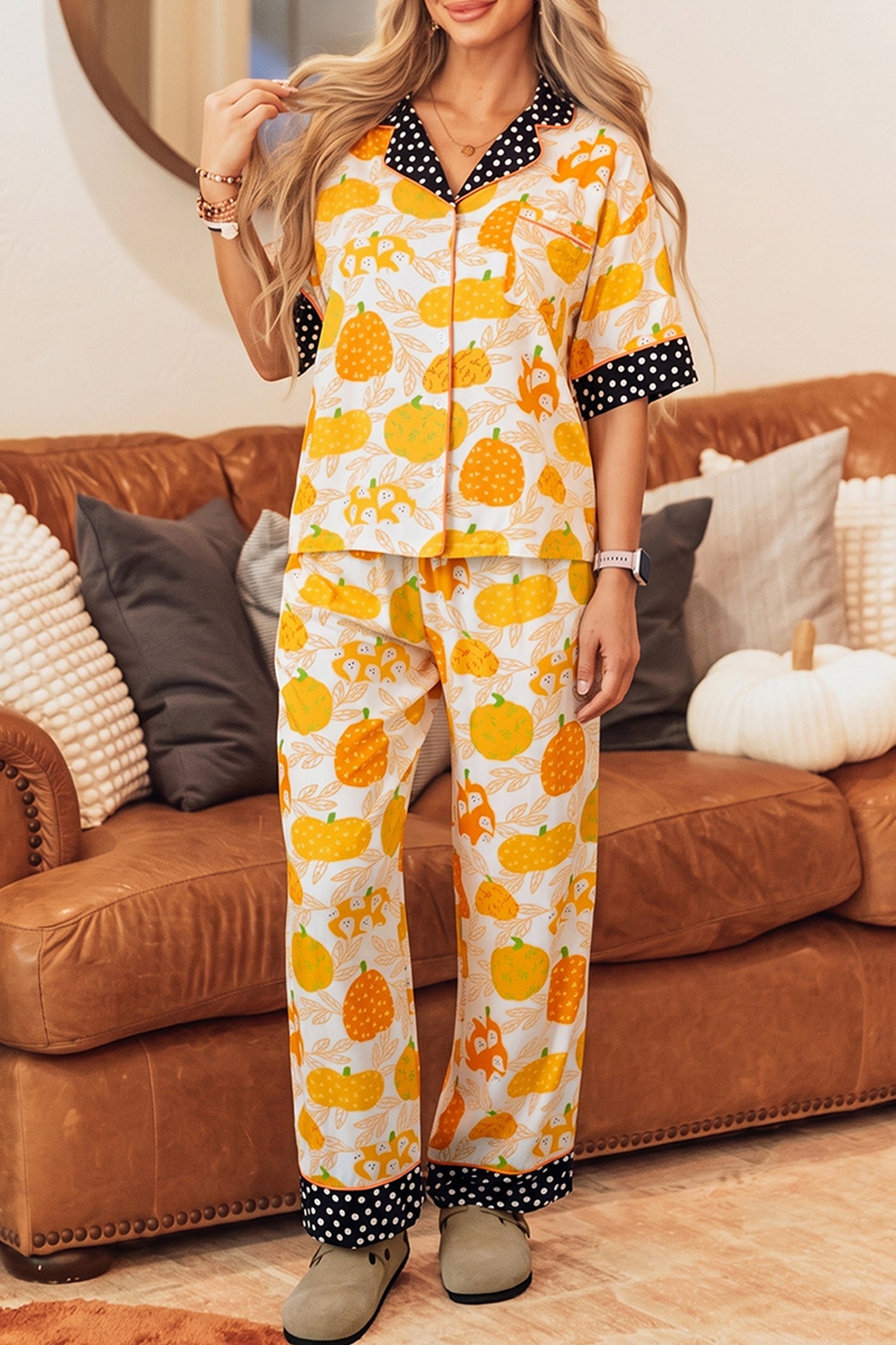 Pumpkin Polka Dot Trim Top & Pants Lounge Set