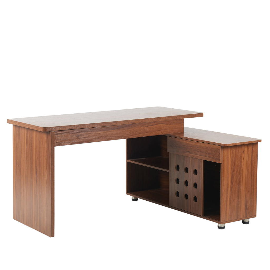 55.1''L, Walnut Home Office L-Shaped Executive Desk , Height Adjustable Desk with Storage Drawers and Cabinet