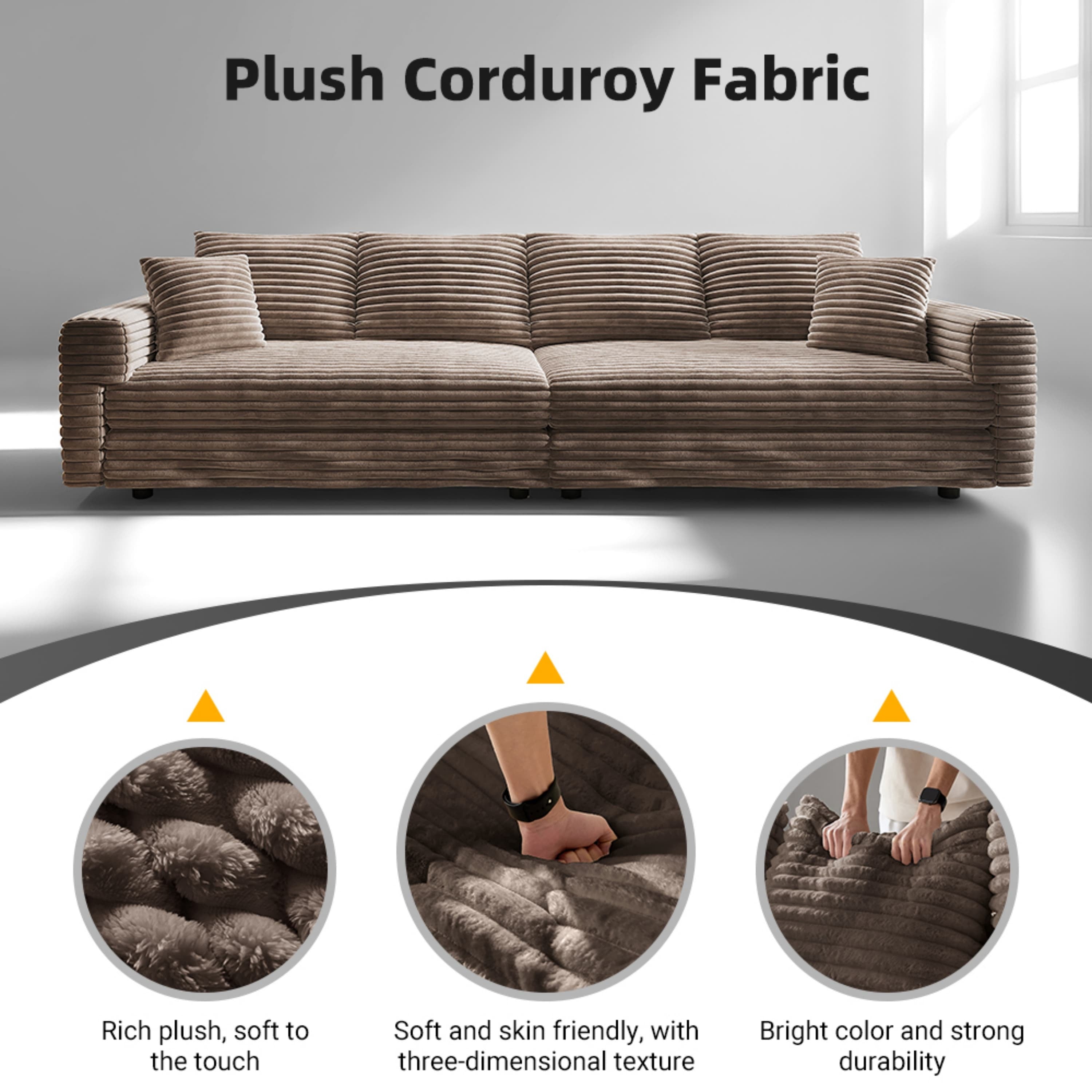 82.7 ' Plush Corduroy 3-Seat Sofa, Modern Comfy Upholstered Sofa Cloud Couch, Deep Seat Couches with Soft Pillows and 1 Ottomans, Convertible Sofa Lounge Chair, for Living Room,Apartment,Office,Camel