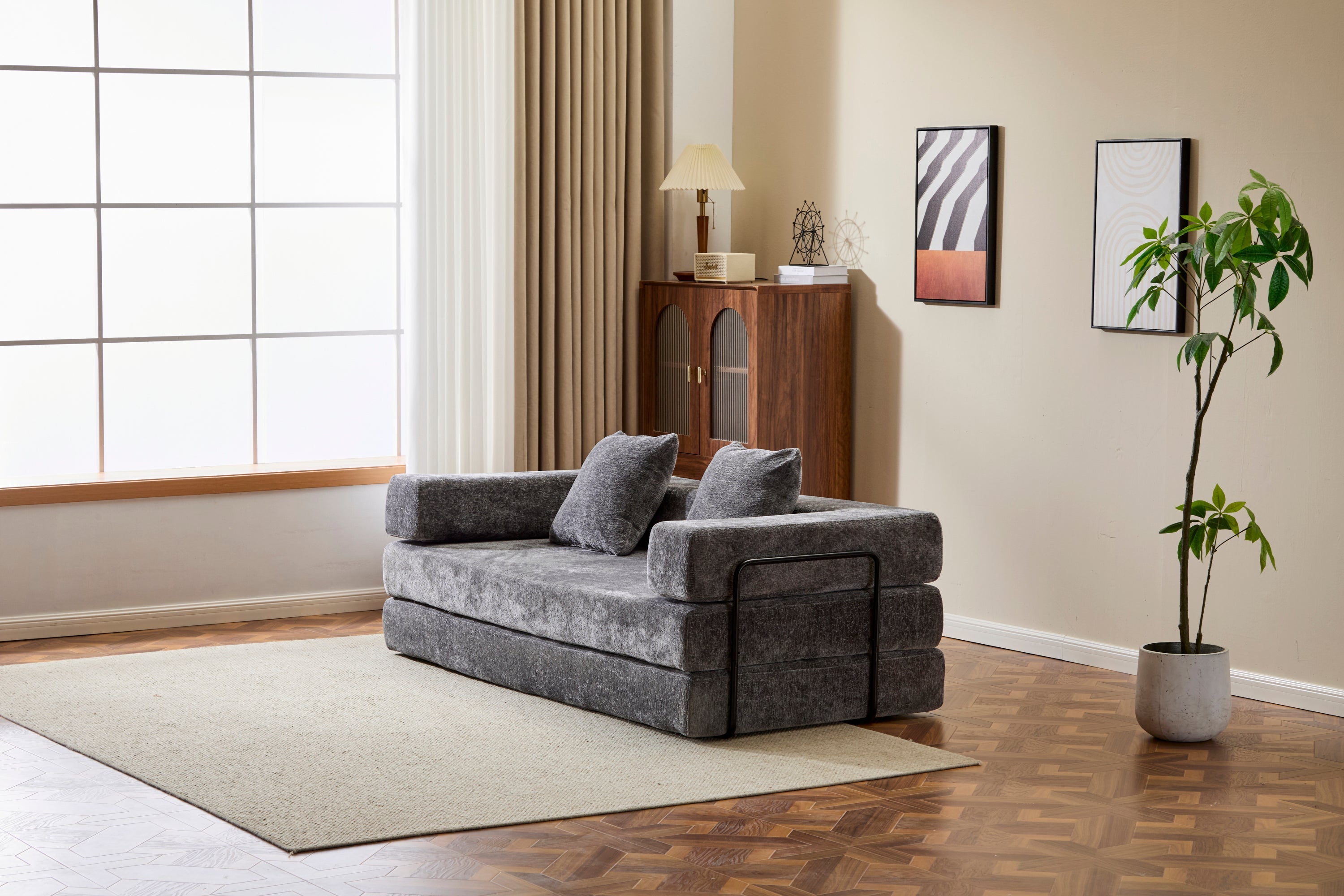 Floor Couch,Compression Sofa,Convertible Floor Sofa Bed-with Pillow Back Support Armrest,Comfy Futon Couch Lounge Sleeper Bed,Chenile fabric,for Living Room Bedroom (DARK-GREY)