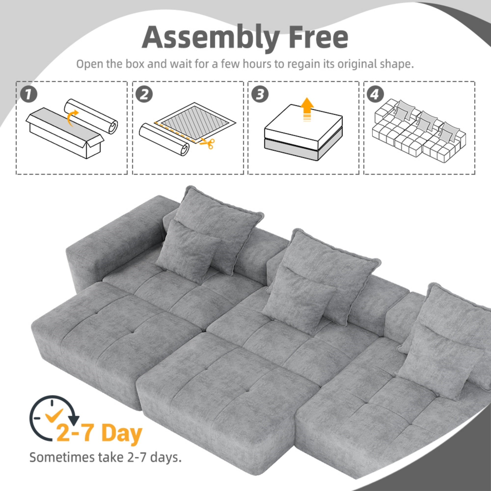 Modern Oversized Modular Sectional Sofa,Sparkling Chenille Fabric Soft Cushion Sofa with 6 Pillows,6 PCS DIY Combination Tufted Sofa,No Assembly Required,GREY