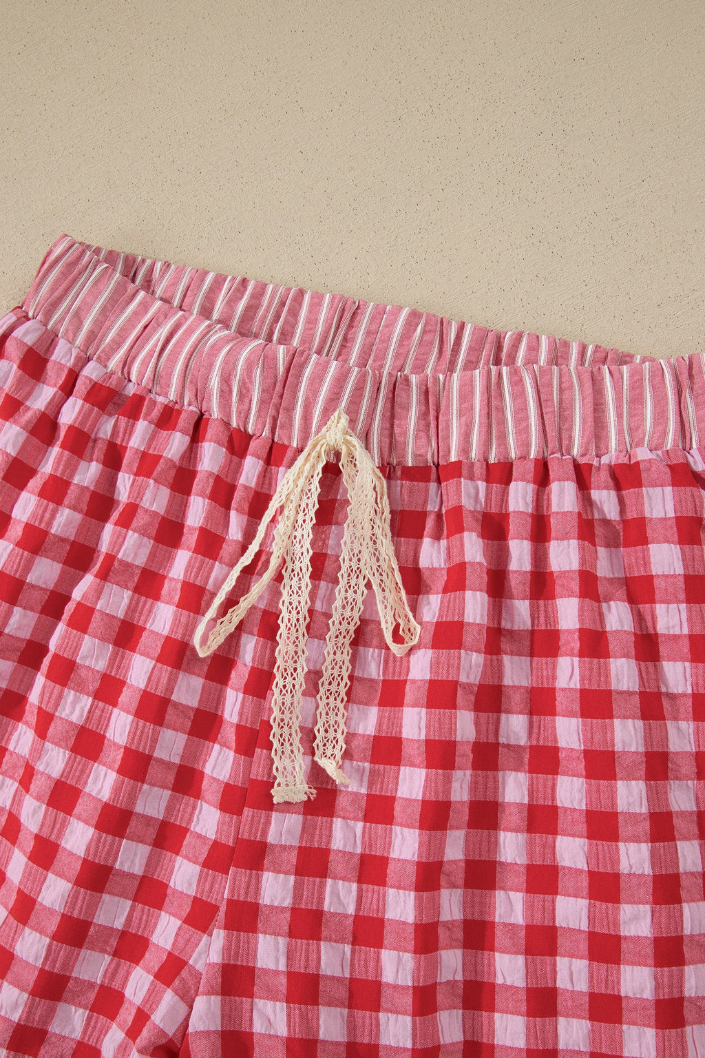 Gingham Ruffle Stripe Patchwork Lace Tie Shorts