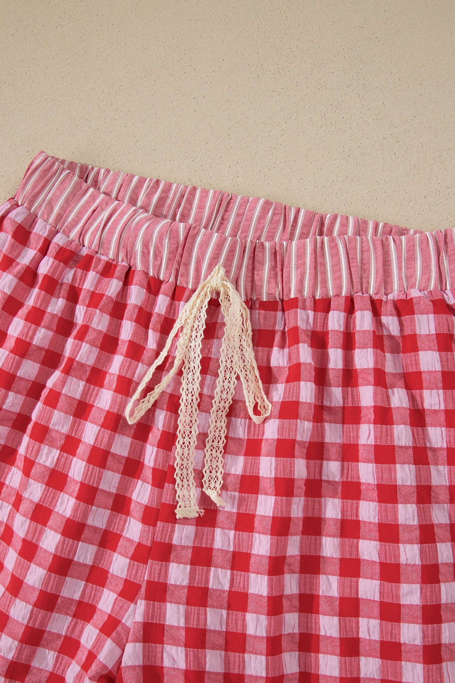 Gingham Ruffle Stripe Patchwork Lace Tie Shorts