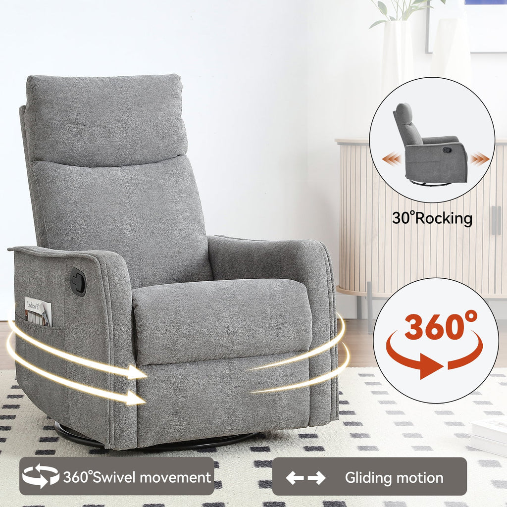Heat Massage Manual Recliner Chair with Rocker and Swivel in Fabric for Living Room, Grey