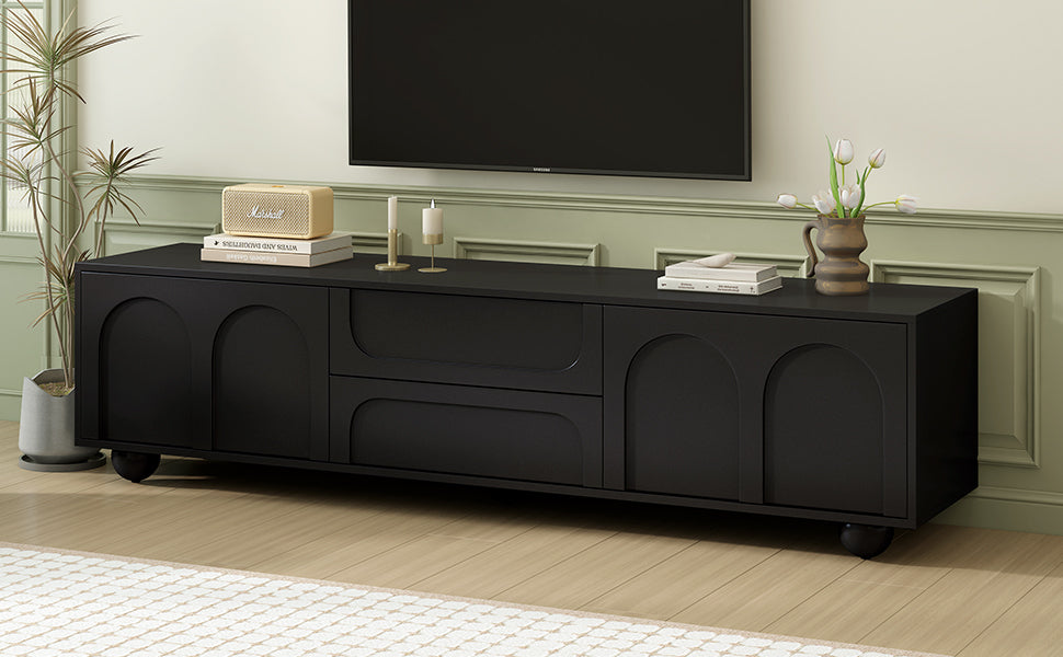 ON-TREND Cream Style TV Stand with Arched Doors & 2 Drawers for TVs up to 75', Minimalist Media Console with Rebound Device, Entertainment Center with 5 Iron Round Legs for Living Room, Bedroom, Black