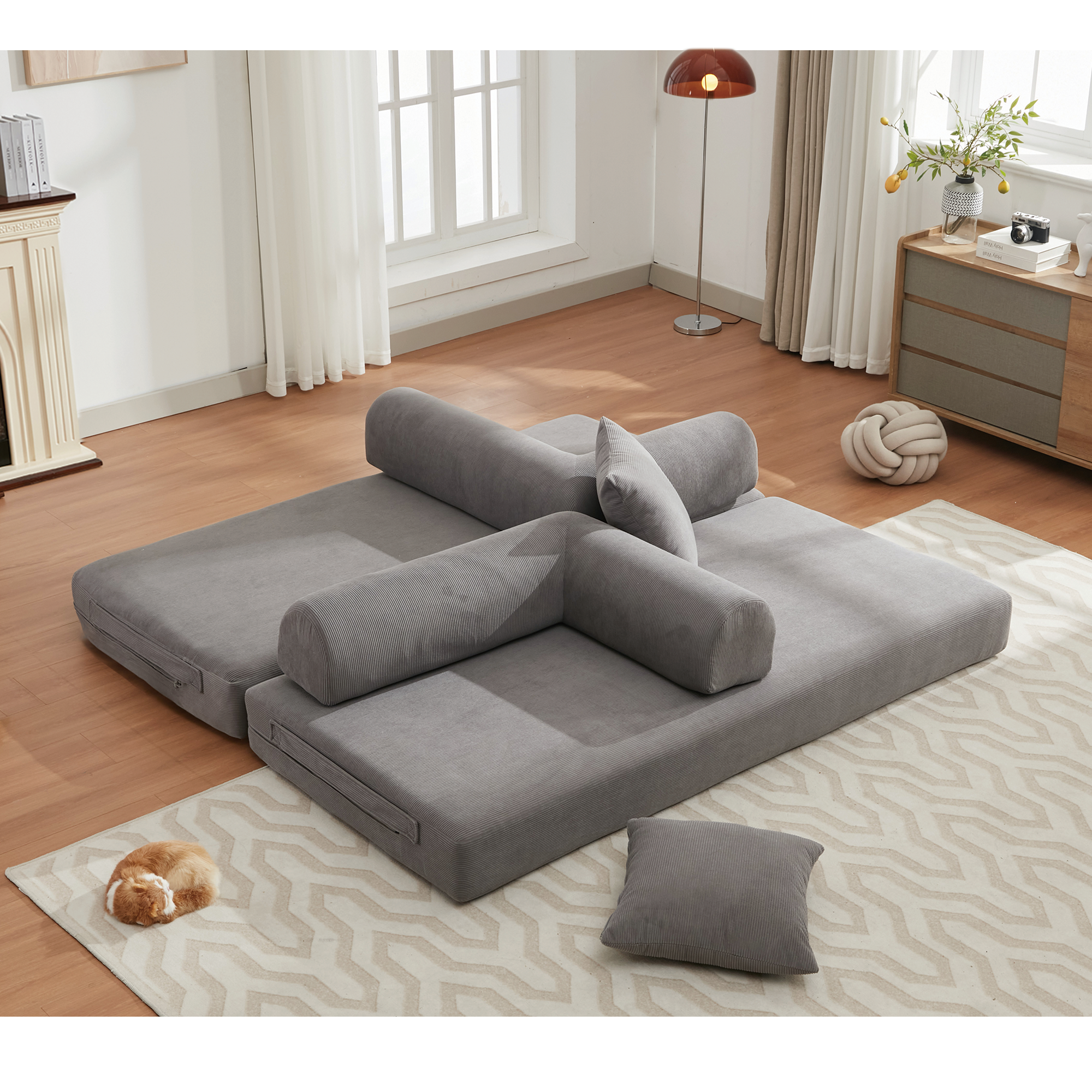 [NEW ARRIVED] [VIDEO PROVIDED] 78.5' Folding Convertible Out Sleeper Sofa Bed,4-in-1 DIY Combination Convertible Sofa,3 seat, Folding  Sofa, King Size , Bedroom,Apartment,Corduroy,Gray