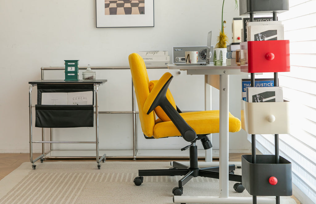 Yellow Linen Criss Cross Armrest Office Chair with Wheels - Ergonomic for Home Office, Work & Study