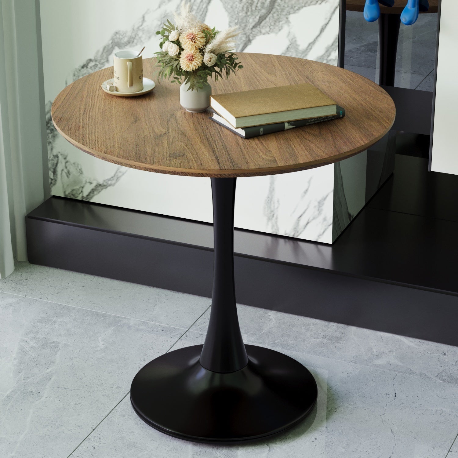Mid-Century Round Dining Table, Walnut Color, MDF Table Top & Pedestal Base, 31.5 Inches