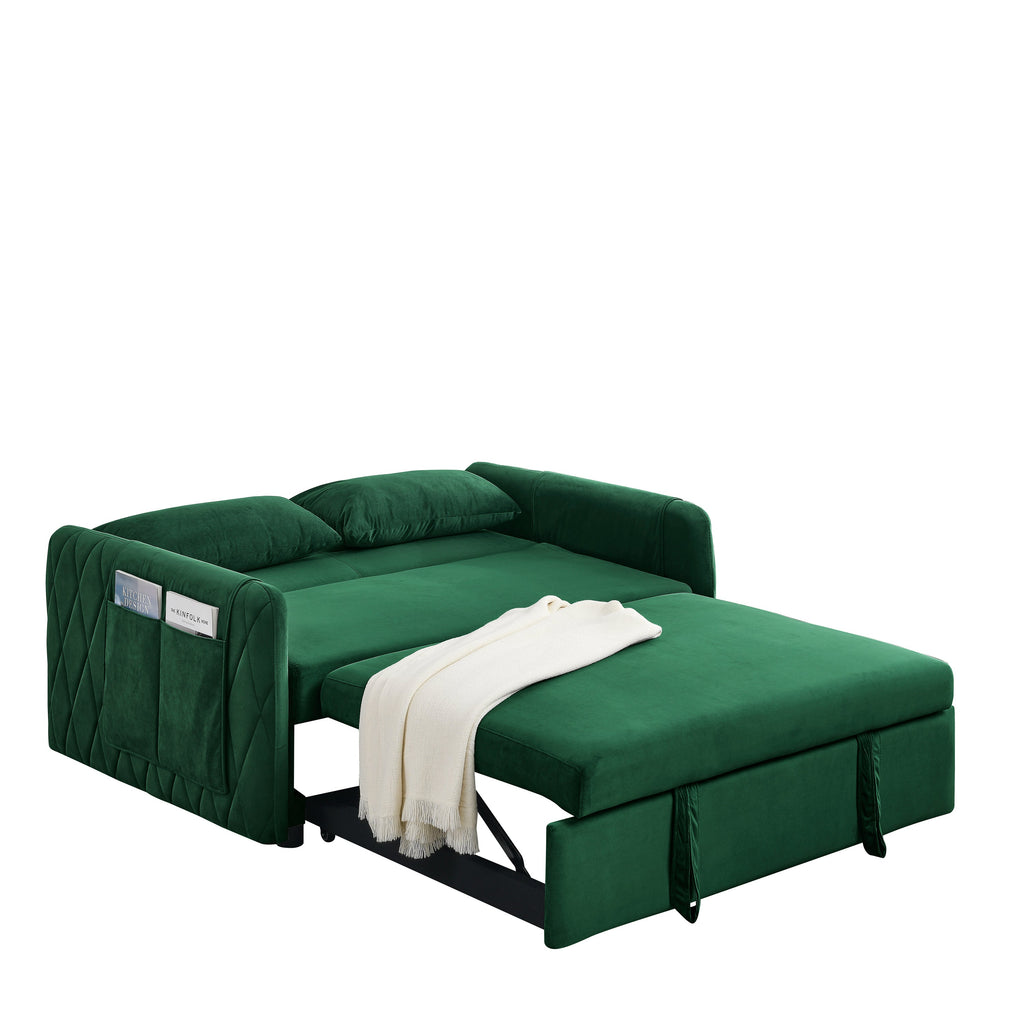 55' Modern Convertible Sofa Bed with 2 Detachable Arm Pockets, Velvet Loveseat Sofa with Pull Out Bed, 2 Pillows and Living Room Adjustable Backrest, Grid Design Armrests