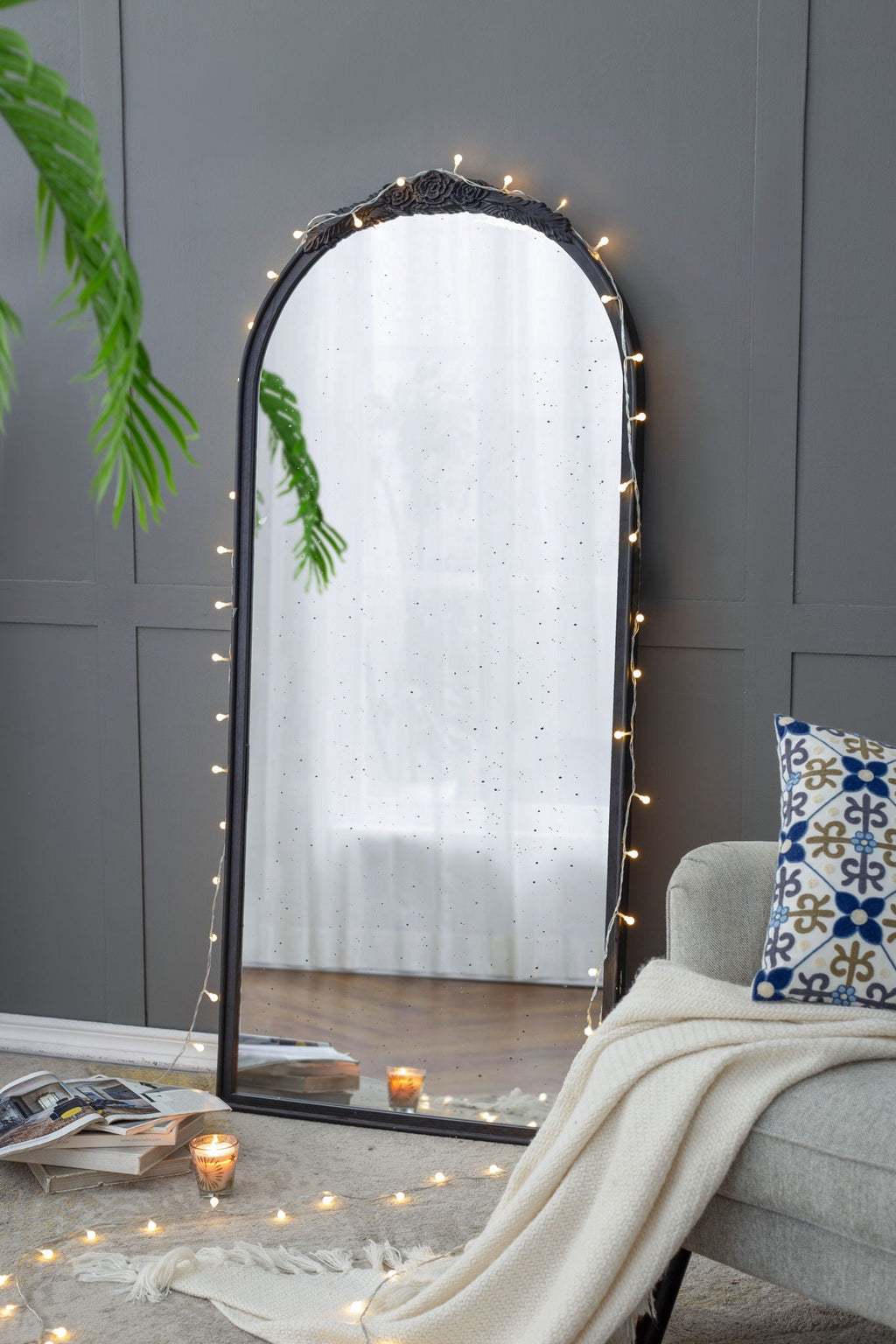 Hand Carved Rose Antique Mirror Frame, Wood Arch Mirror Wall Decor For Living Room