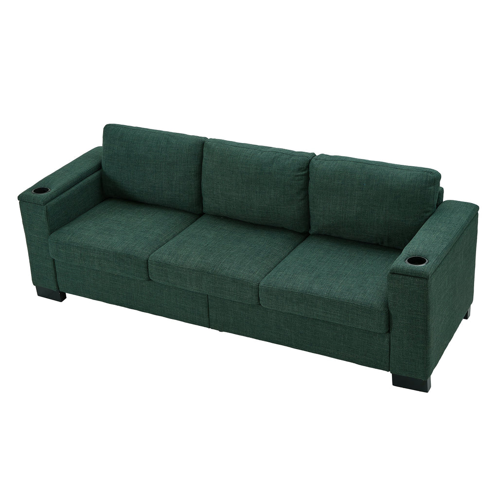 93.7' Modern Style Living Room Sofa Fabric Couch,Square Arm Sofa with Cup Holder,Storage Sofa,Upholstered Polyester Green.