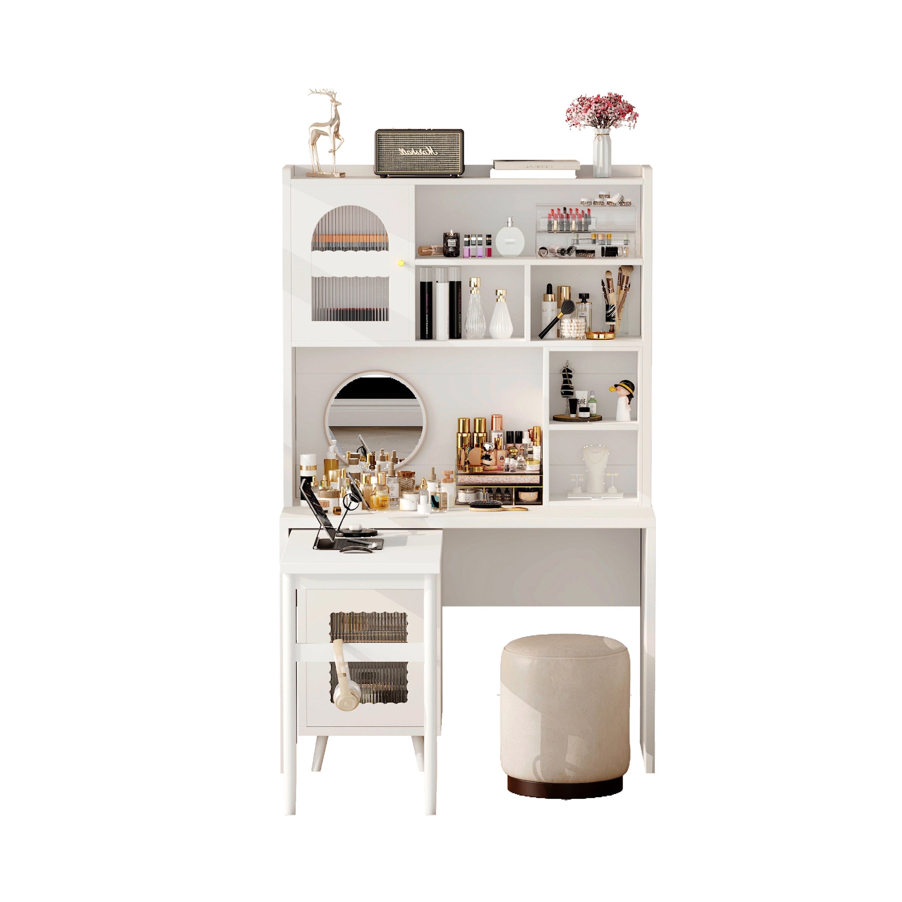 Computer Desk with 90 Degree Rotating Desktop, 43x70 Inch Office Desk with Storage Drawer and Cabinets, Gaming Desk with Shelves, Writing Desk for Study, Work Desk for Home Office Bedroom Living Room