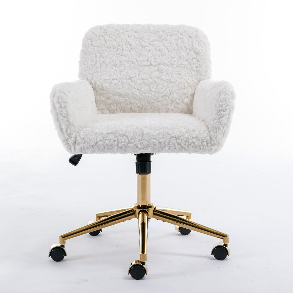 A&A Furniture Artificial Rabbit Hair Office Chair with Golden Metal Base, Adjustable Swivel Vanity Chair, Beige Velvet