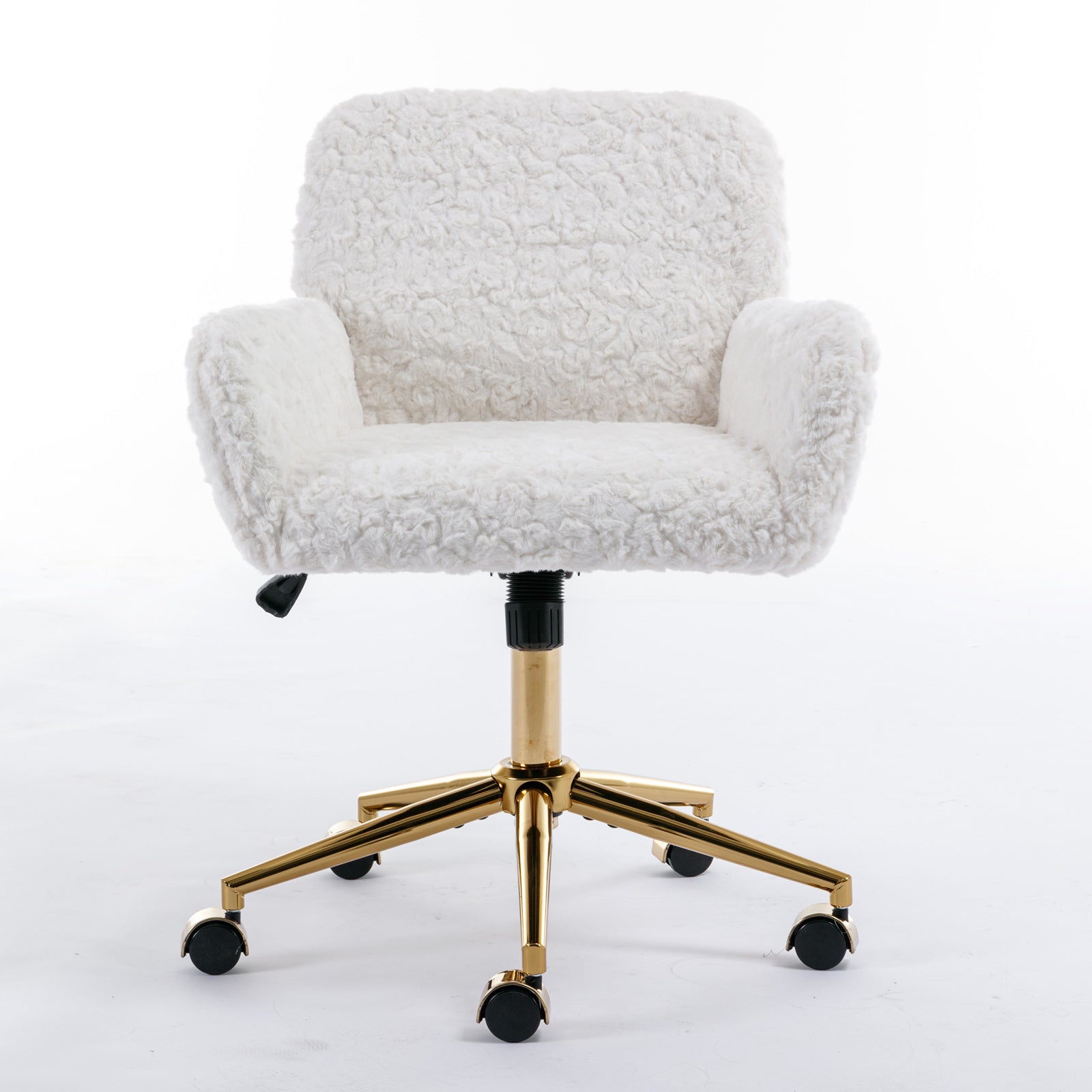 A&A Furniture Artificial Rabbit Hair Office Chair with Golden Metal Base, Adjustable Swivel Vanity Chair, Beige Velvet