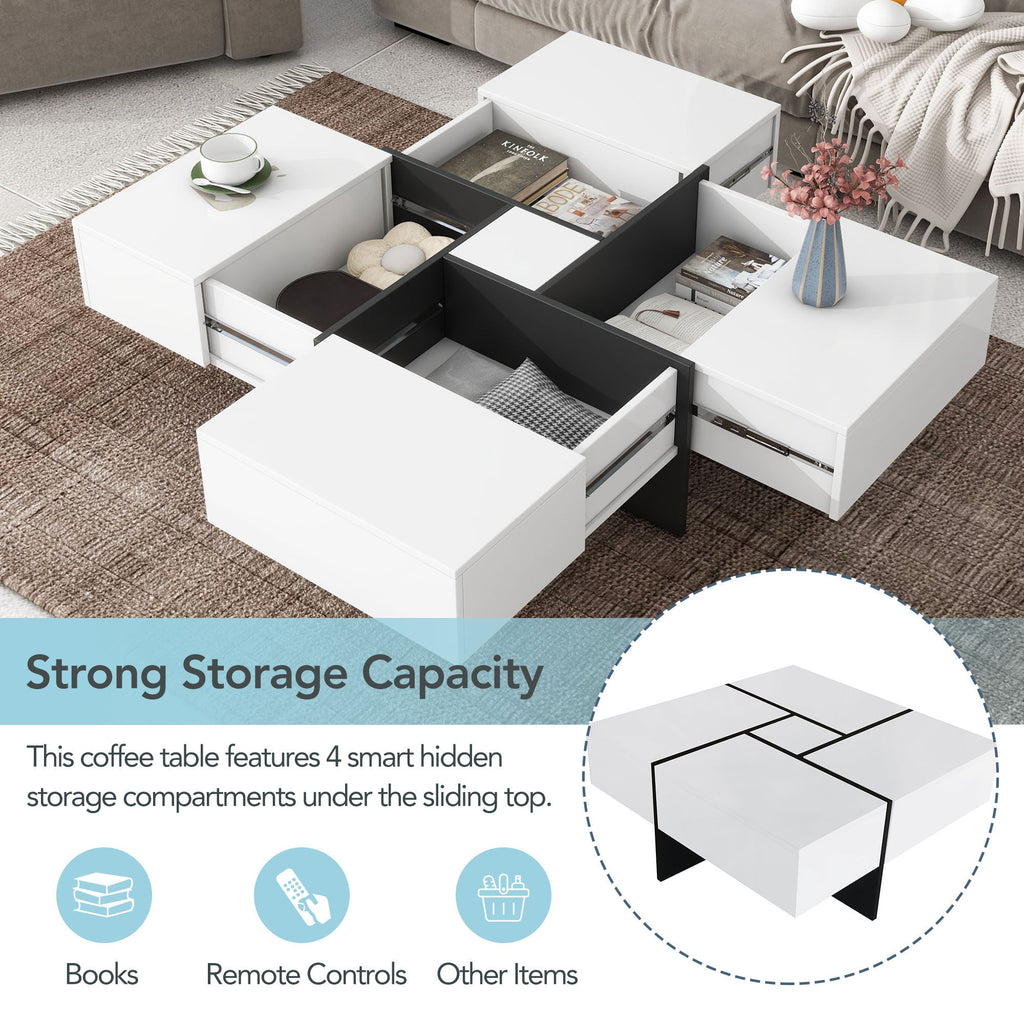 ON-TREND Unique Design Coffee Table with 4 Hidden Storage Compartments, Square Cocktail Table with Extendable Sliding Tabletop, UV High-gloss Design Center Table for Living Room, 31.5'x 31.5'