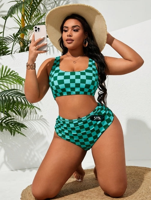 Women's Plus Size Green Checkered 2-piece Casual Swimsuit