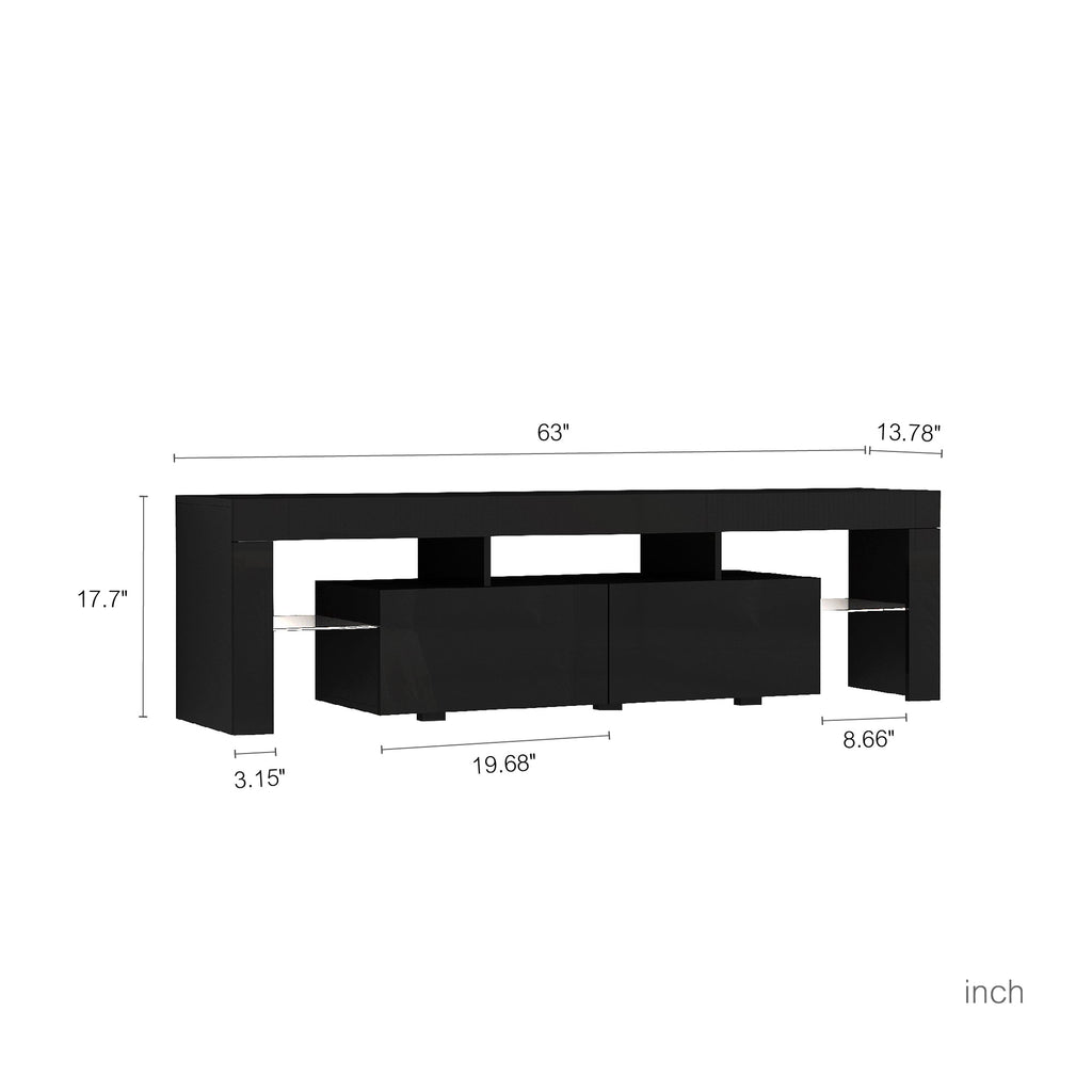 High gloss TV Stand with LED Lights for TVs up to 65'', Modern TV Console with Storage Cabinets for Living Room,Black