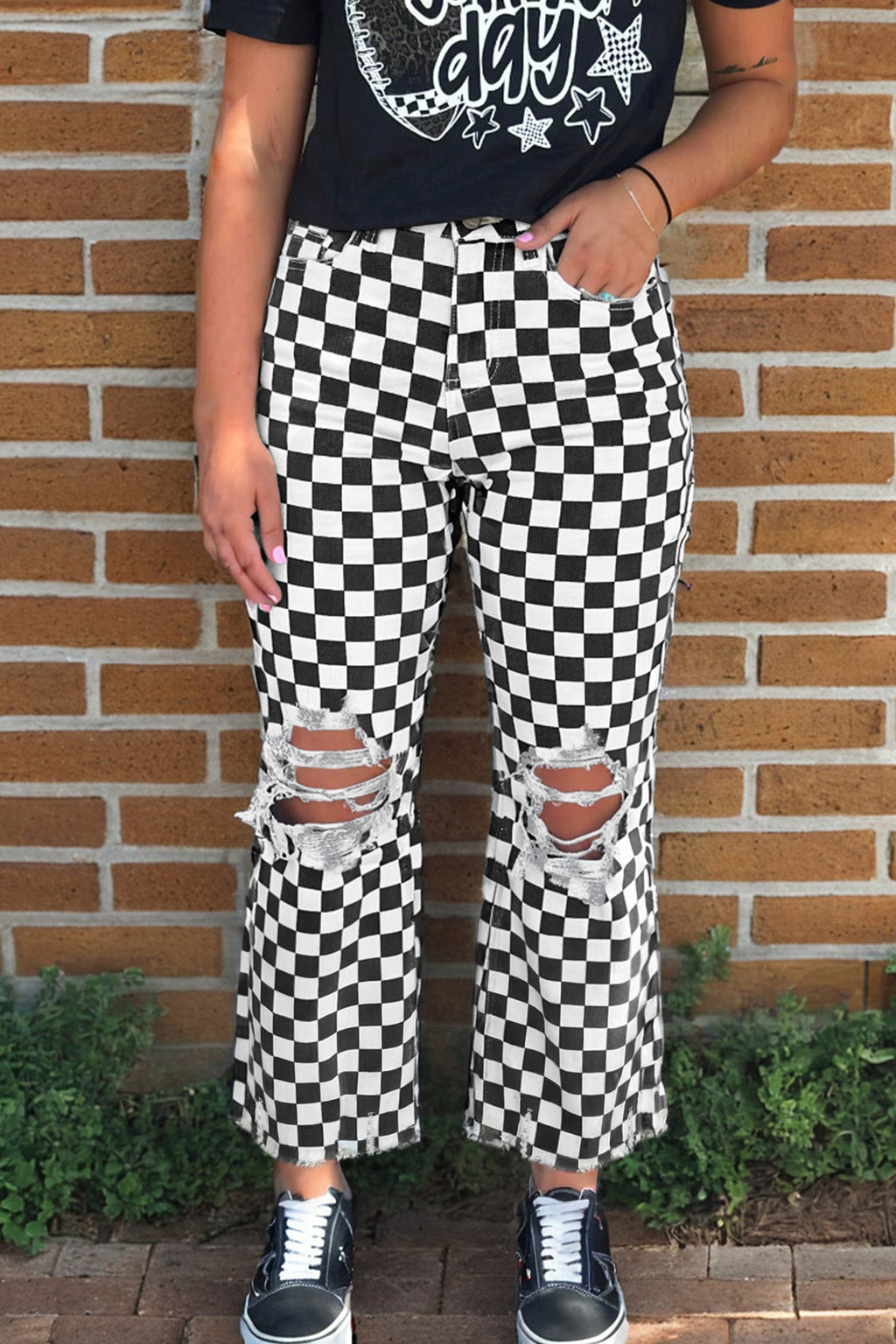 Checker Distressed Raw Edge Cropped Jeans